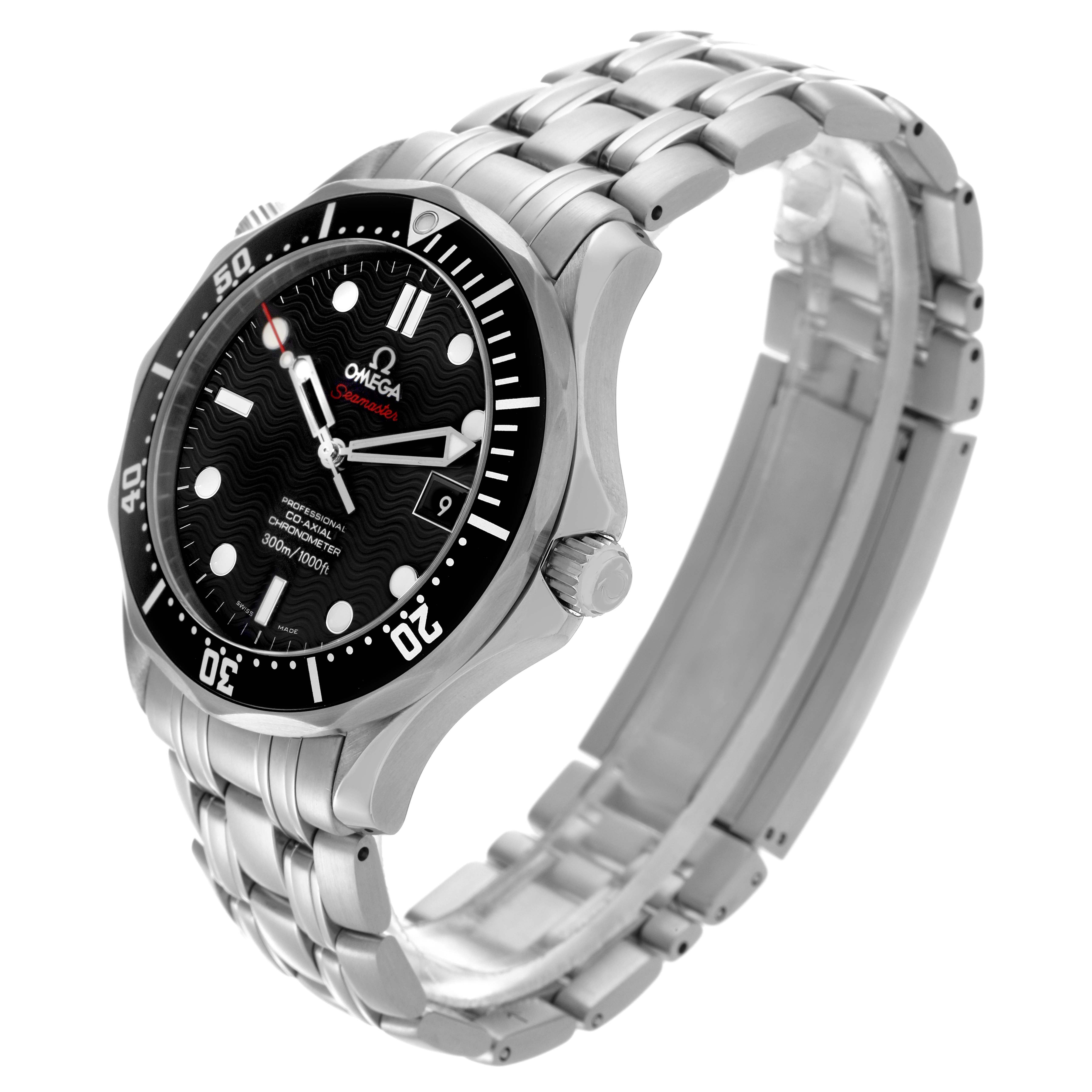The Omega Seamaster 212.30.41.20.01.002 Men
s Stainless Steel Black Dial 212.30.41.20.01.002 Men
s Stainless Steel Black Dial watch is shown at a three-quarter angle, displaying its face, bezel, and stainless steel bracelet.