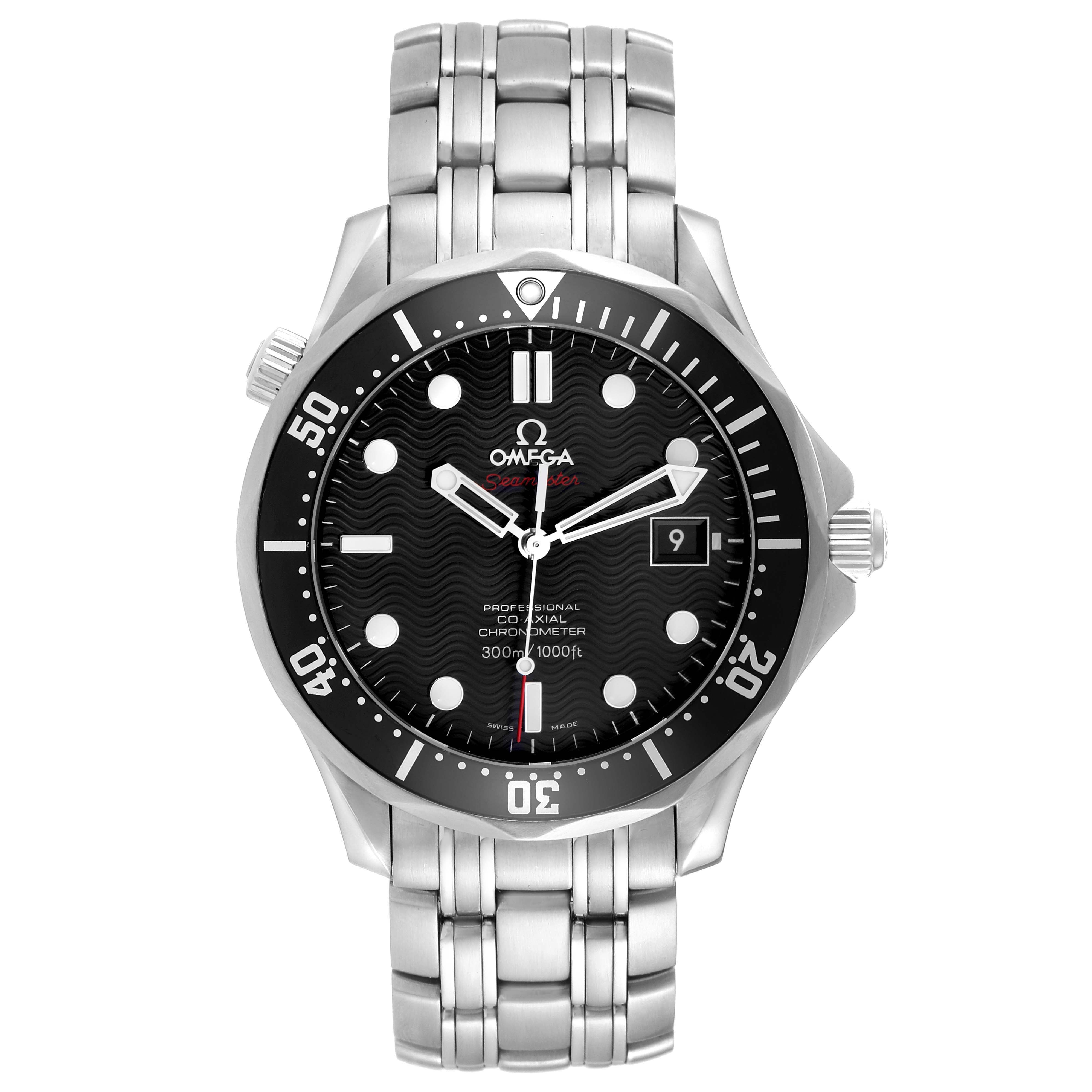 The Omega Seamaster 212.30.41.20.01.002 Men
s Stainless Steel Black Dial 212.30.41.20.01.002 Men
s Stainless Steel Black Dial watch is shown from the front, highlighting the dial, bezel, hands, and bracelet.
