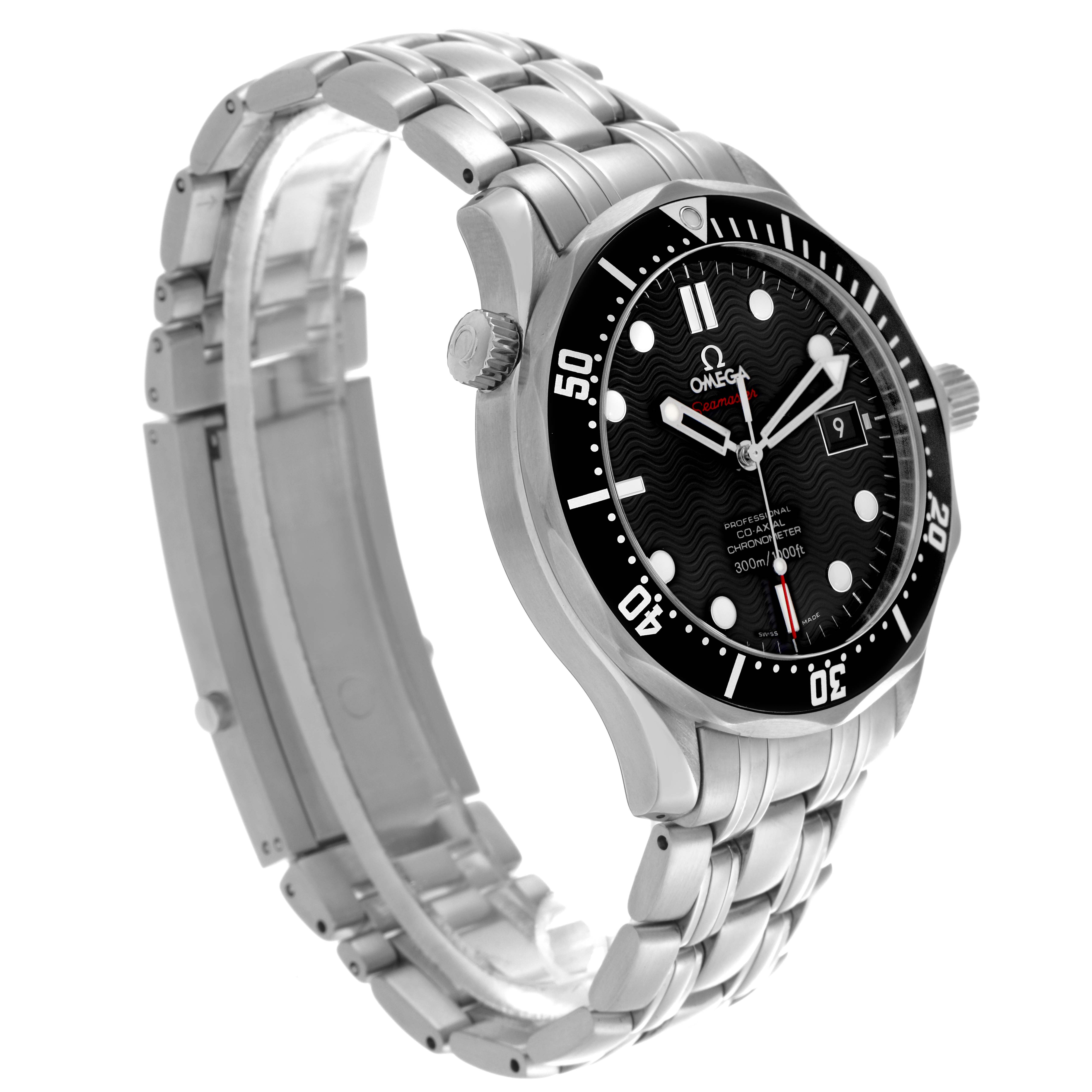 The Omega Seamaster 212.30.41.20.01.002 Men
s Stainless Steel Black Dial 212.30.41.20.01.002 Men
s Stainless Steel Black Dial watch is shown at a three-quarter angle, highlighting its dial, bezel, and stainless steel bracelet.