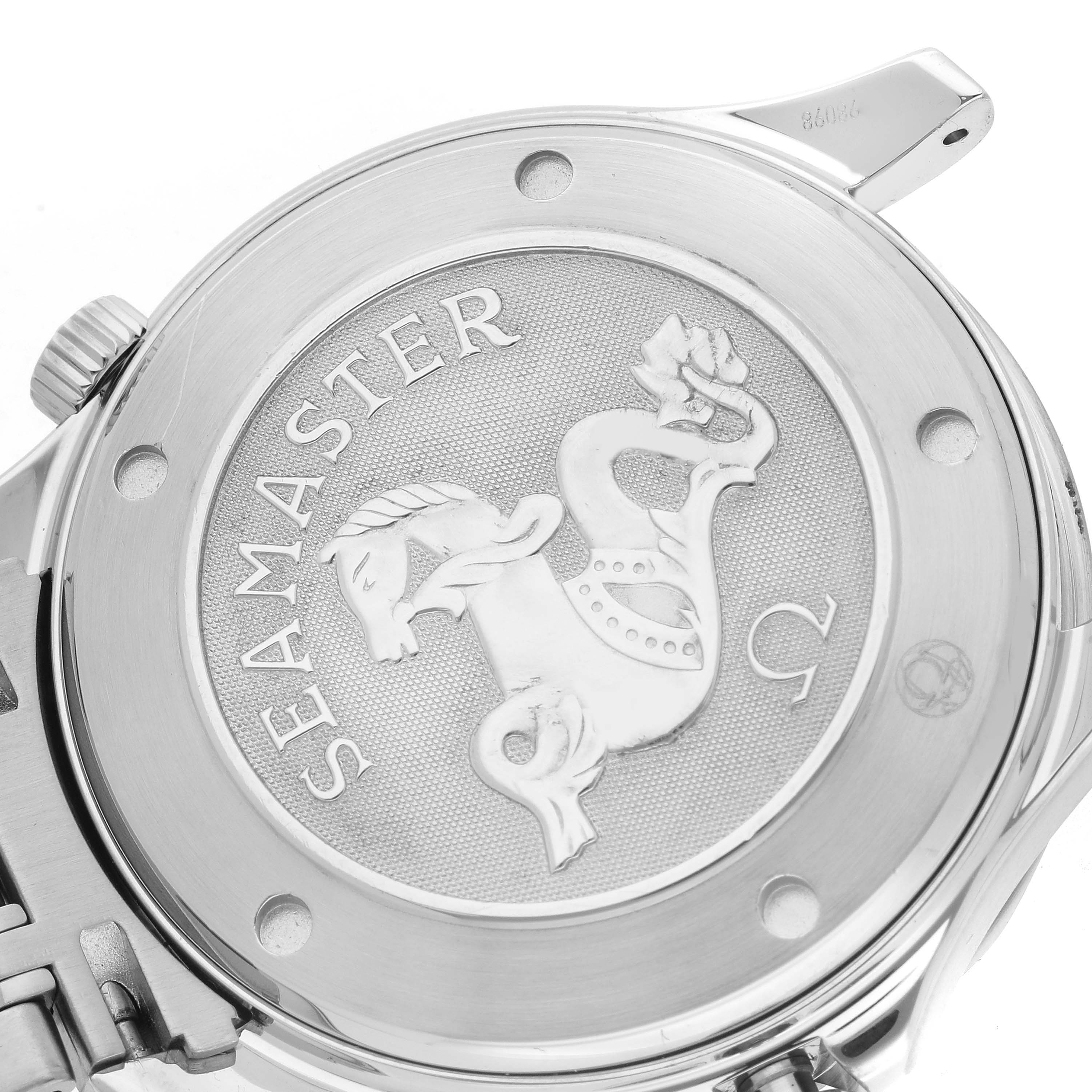 The image shows the case back of an Omega Seamaster 212.30.41.20.01.002 Men
s Stainless Steel Black Dial 212.30.41.20.01.002 Men
s Stainless Steel Black Dial watch, featuring its embossed logo and branding.