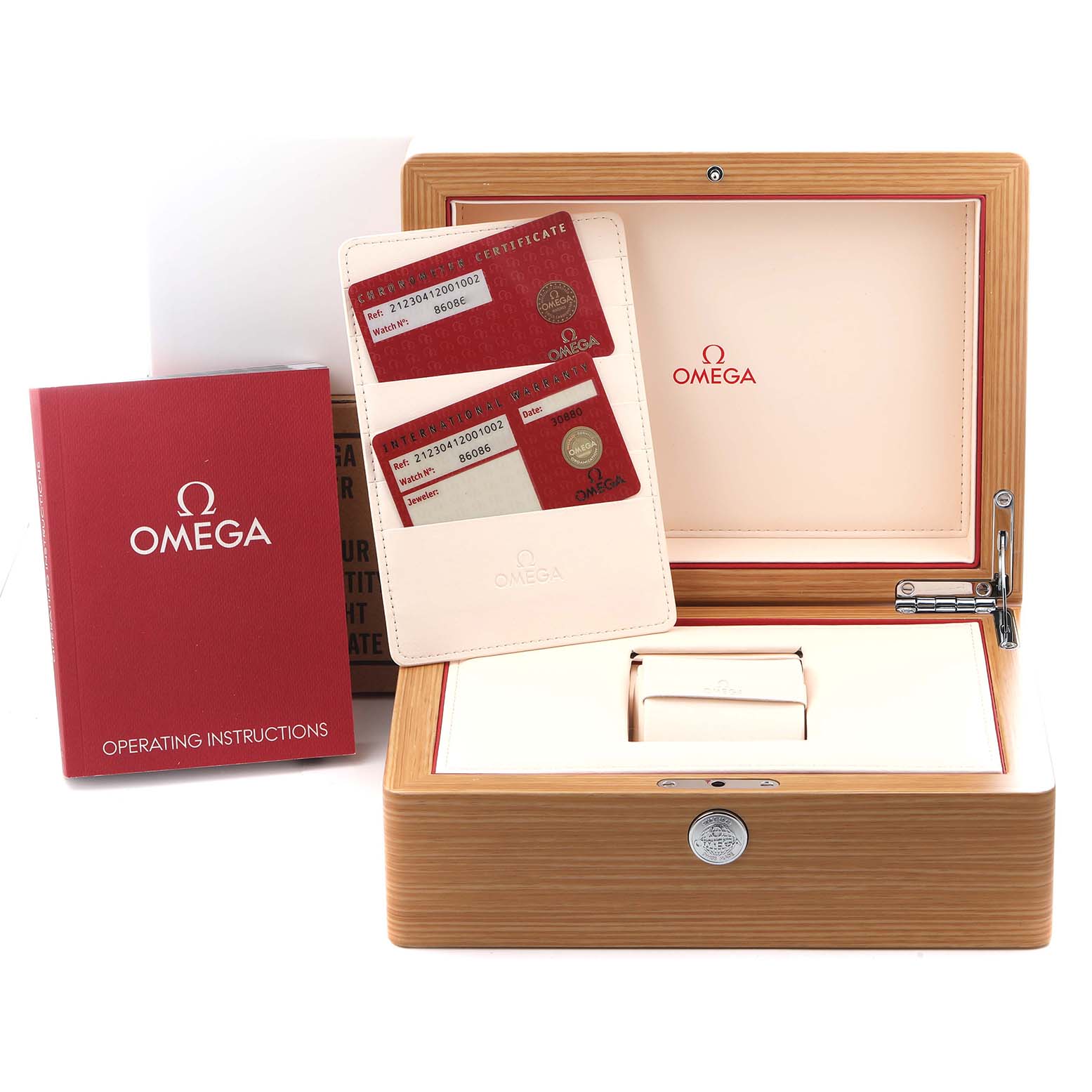 The image shows an Omega Seamaster 212.30.41.20.01.002 Men
s Stainless Steel Black Dial 212.30.41.20.01.002 Men
s Stainless Steel Black Dial box, operating instructions, and cards, viewed from above.