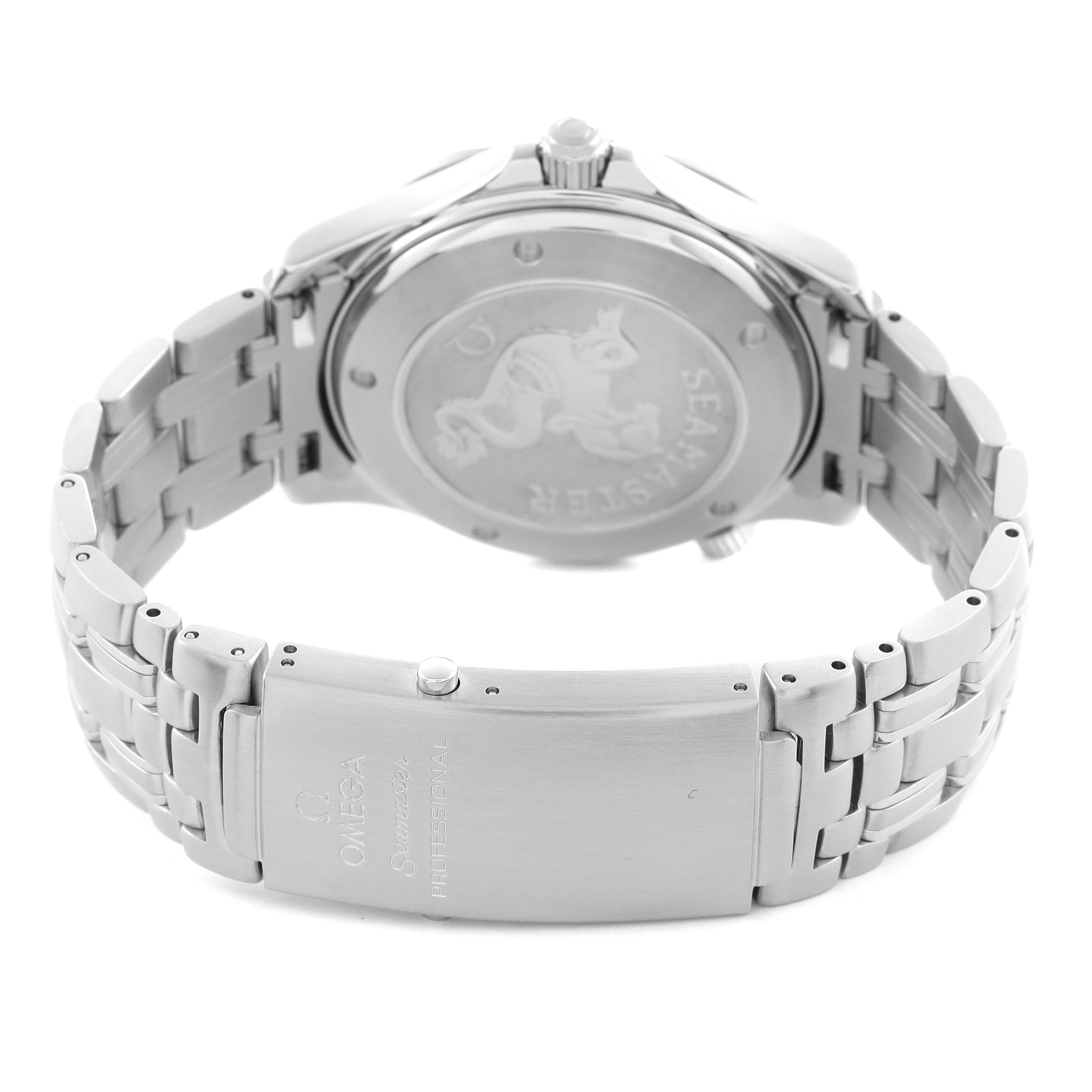 The Omega Seamaster 212.30.41.20.01.002 Men
s Stainless Steel Black Dial 212.30.41.20.01.002 Men
s Stainless Steel Black Dial watch is shown from the back, highlighting the case back and bracelet clasp.