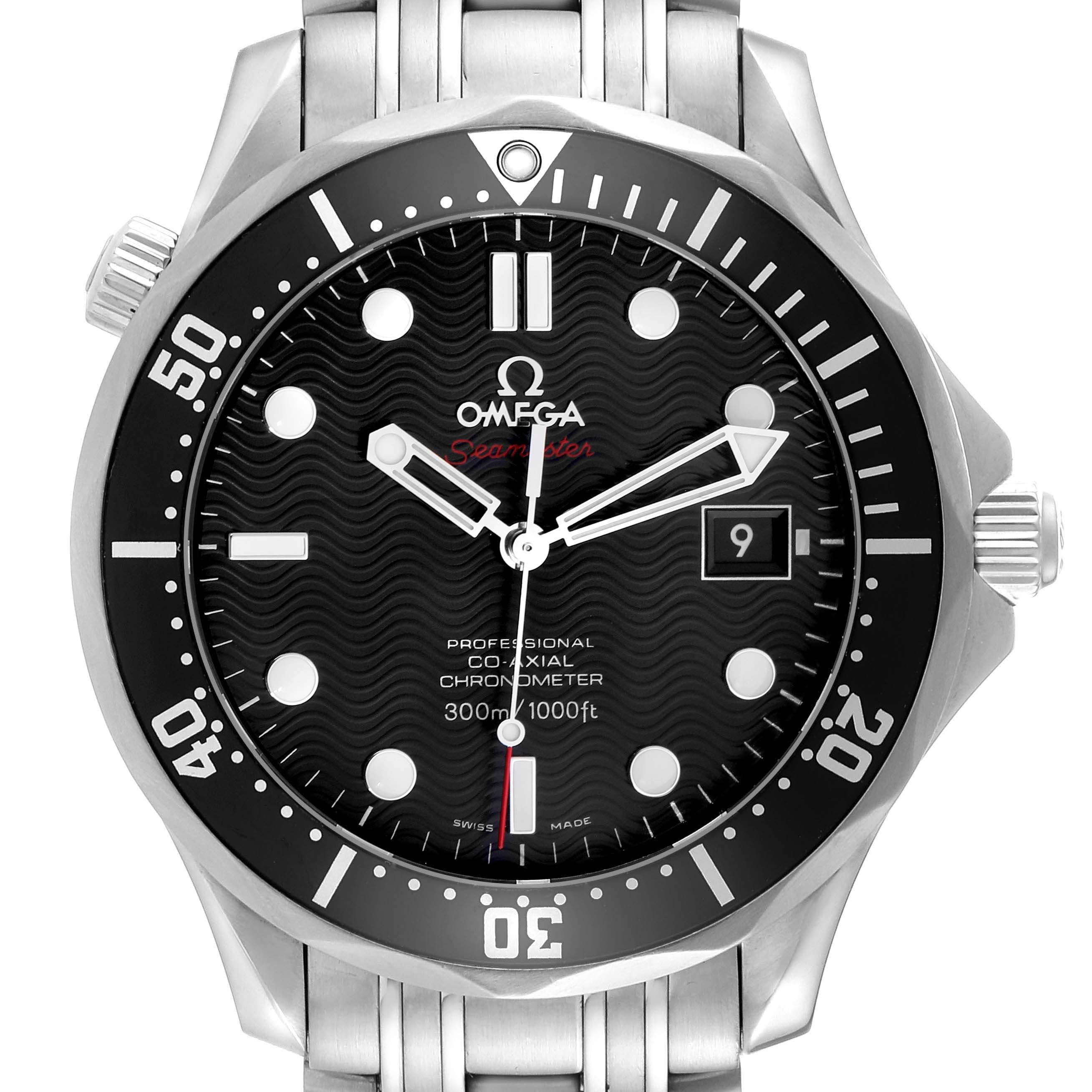 The Omega Seamaster 212.30.41.20.01.002 Men
s Stainless Steel Black Dial 212.30.41.20.01.002 Men
s Stainless Steel Black Dial watch is shown from a frontal angle, displaying the dial, bezel, and bracelet.