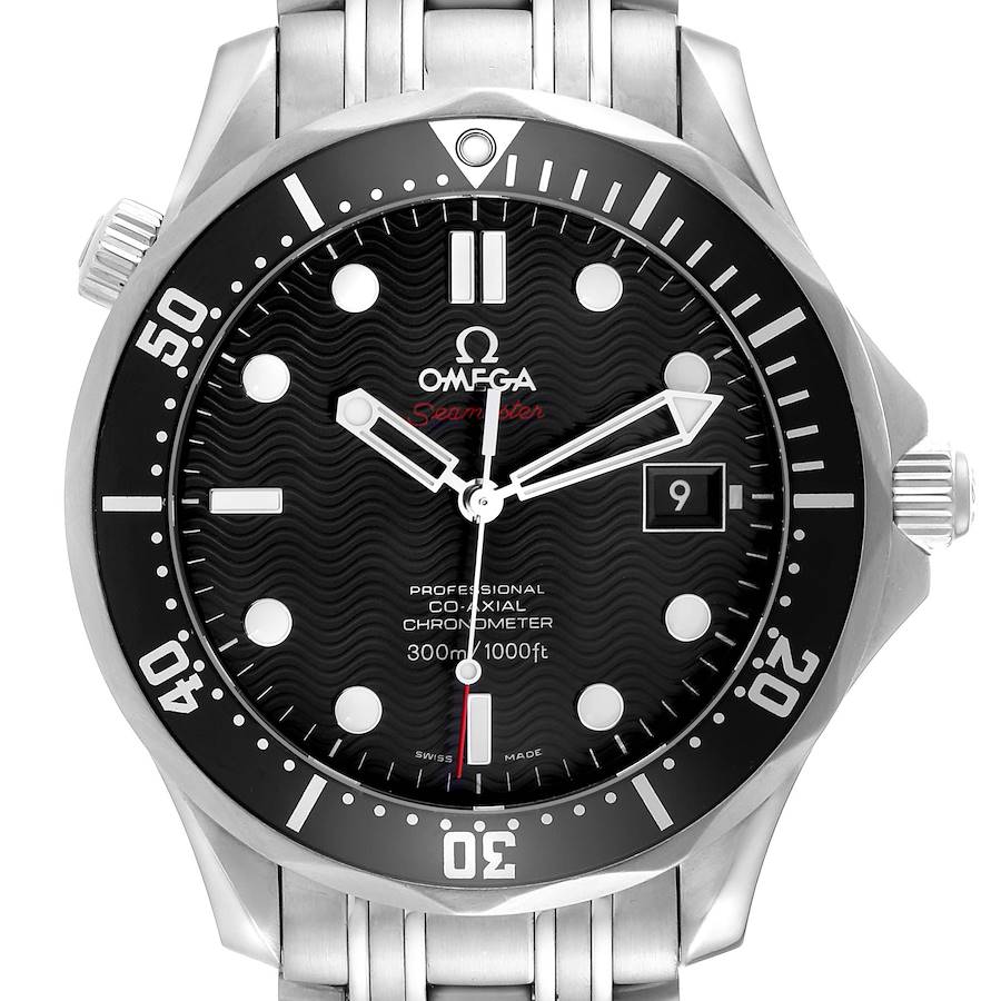 The Omega Seamaster watch is shown from a frontal angle, displaying the dial, bezel, and bracelet.