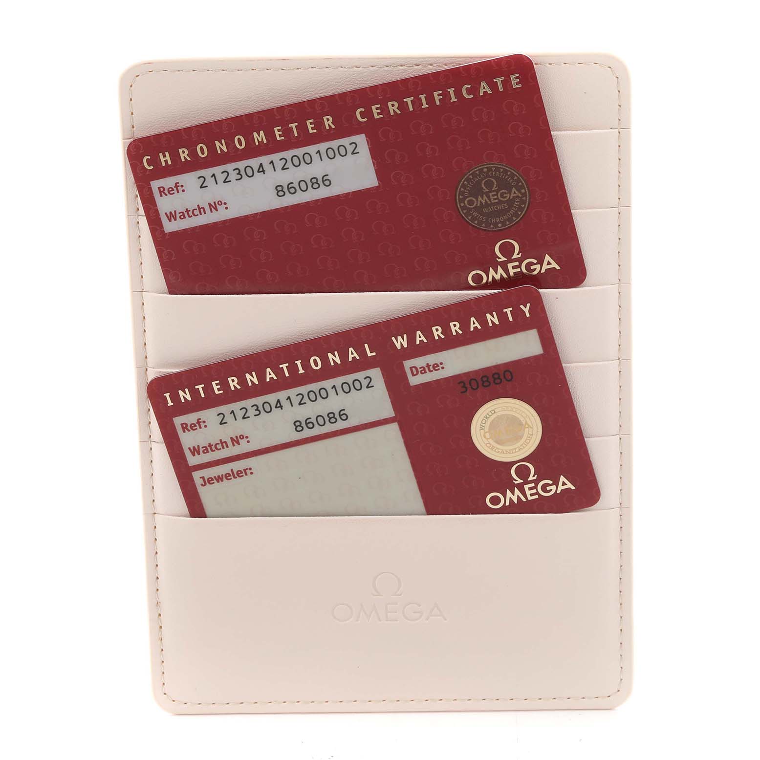 The image shows the Omega Seamaster 212.30.41.20.01.002 Men
s Stainless Steel Black Dial 212.30.41.20.01.002 Men
s Stainless Steel Black Dial
s Chronometer Certificate and International Warranty cards in a white cardholder.