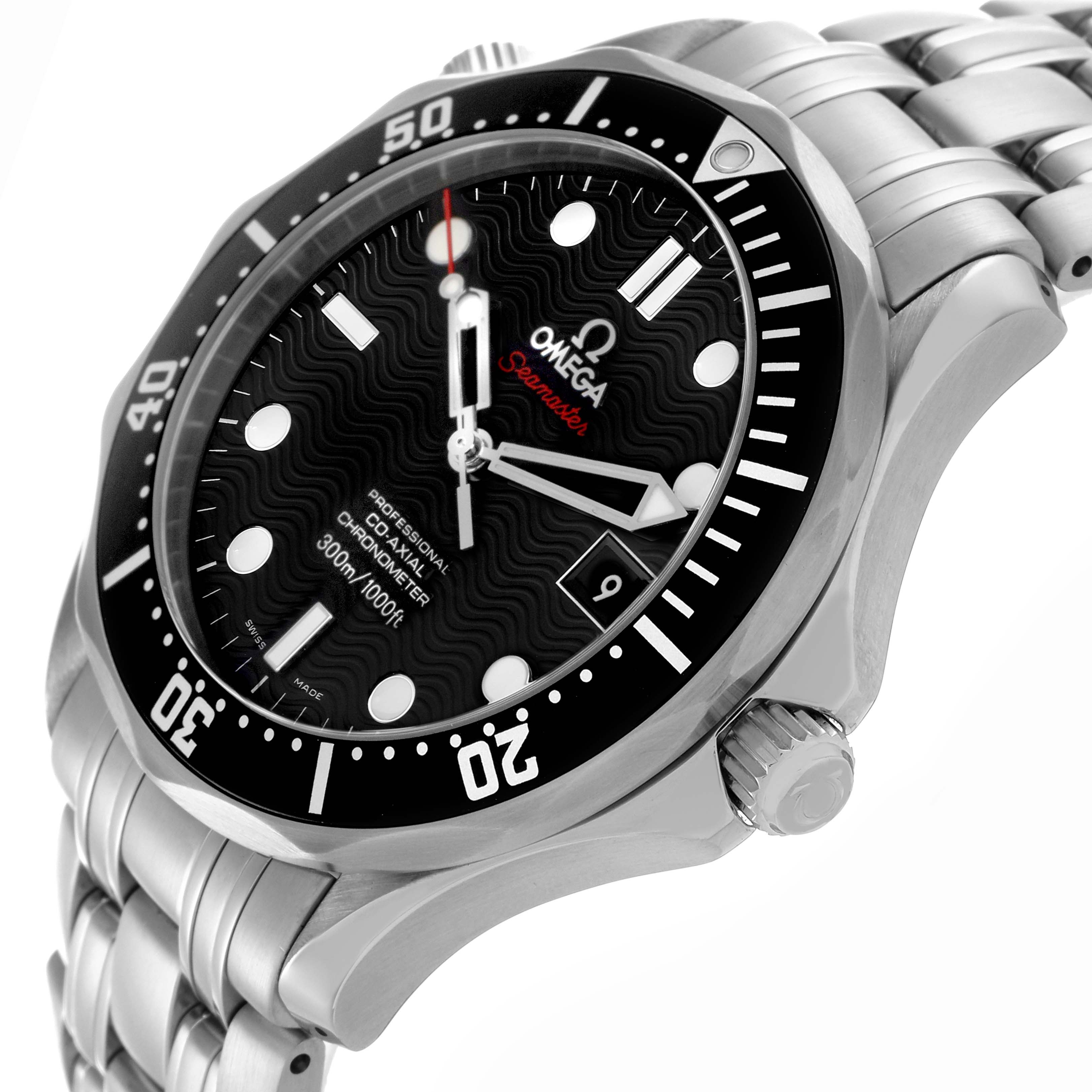 The Omega Seamaster 212.30.41.20.01.002 Men
s Stainless Steel Black Dial 212.30.41.20.01.002 Men
s Stainless Steel Black Dial watch is shown at an angle highlighting the face, bezel, crown, and bracelet.