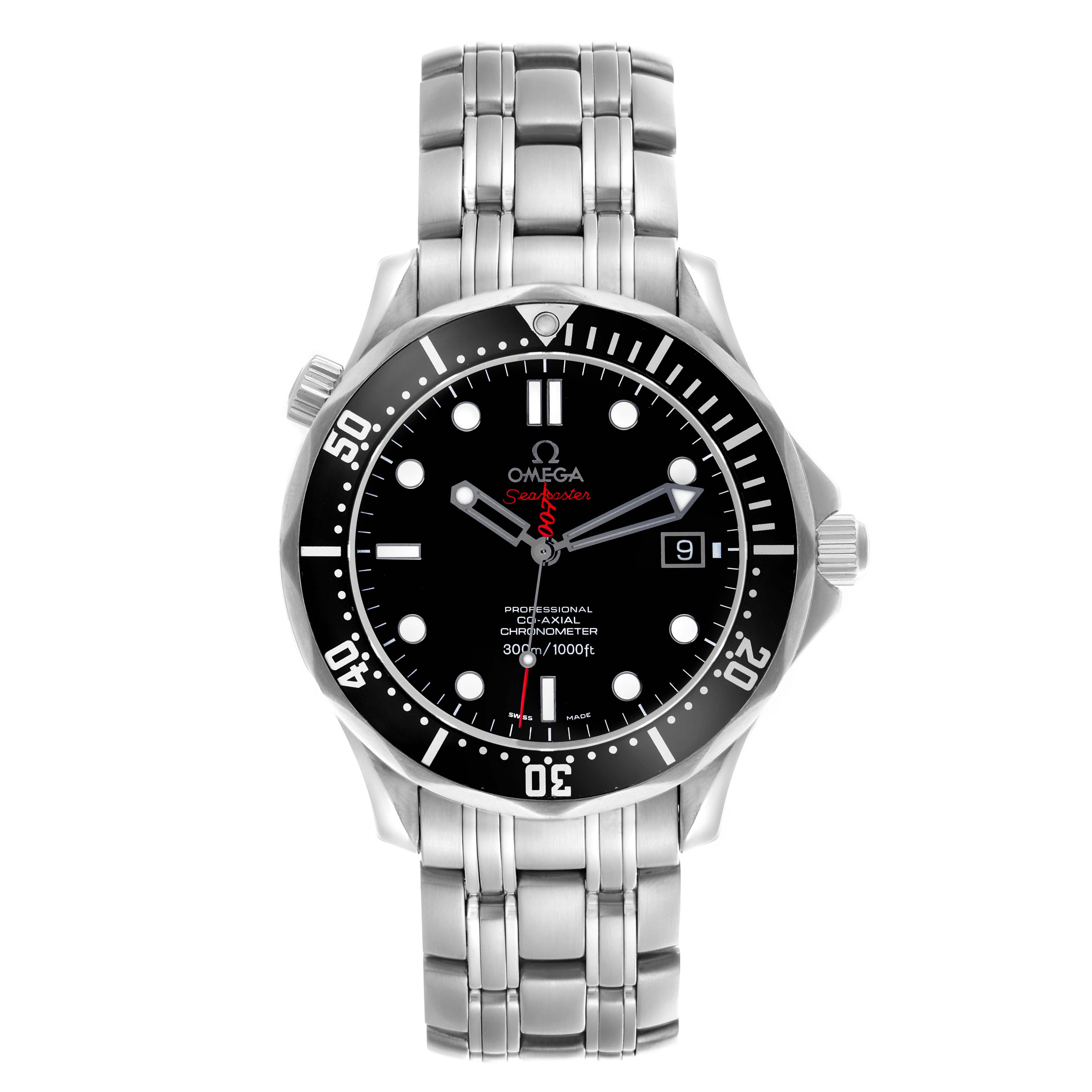 The Omega Seamaster 212.30.41.20.01.001 Men's Stainless Steel Black Dial 212.30.41.20.01.001 Men's Stainless Steel Black Dial watch is shown from the front, displaying the face, bezel, crown, and metal bracelet.