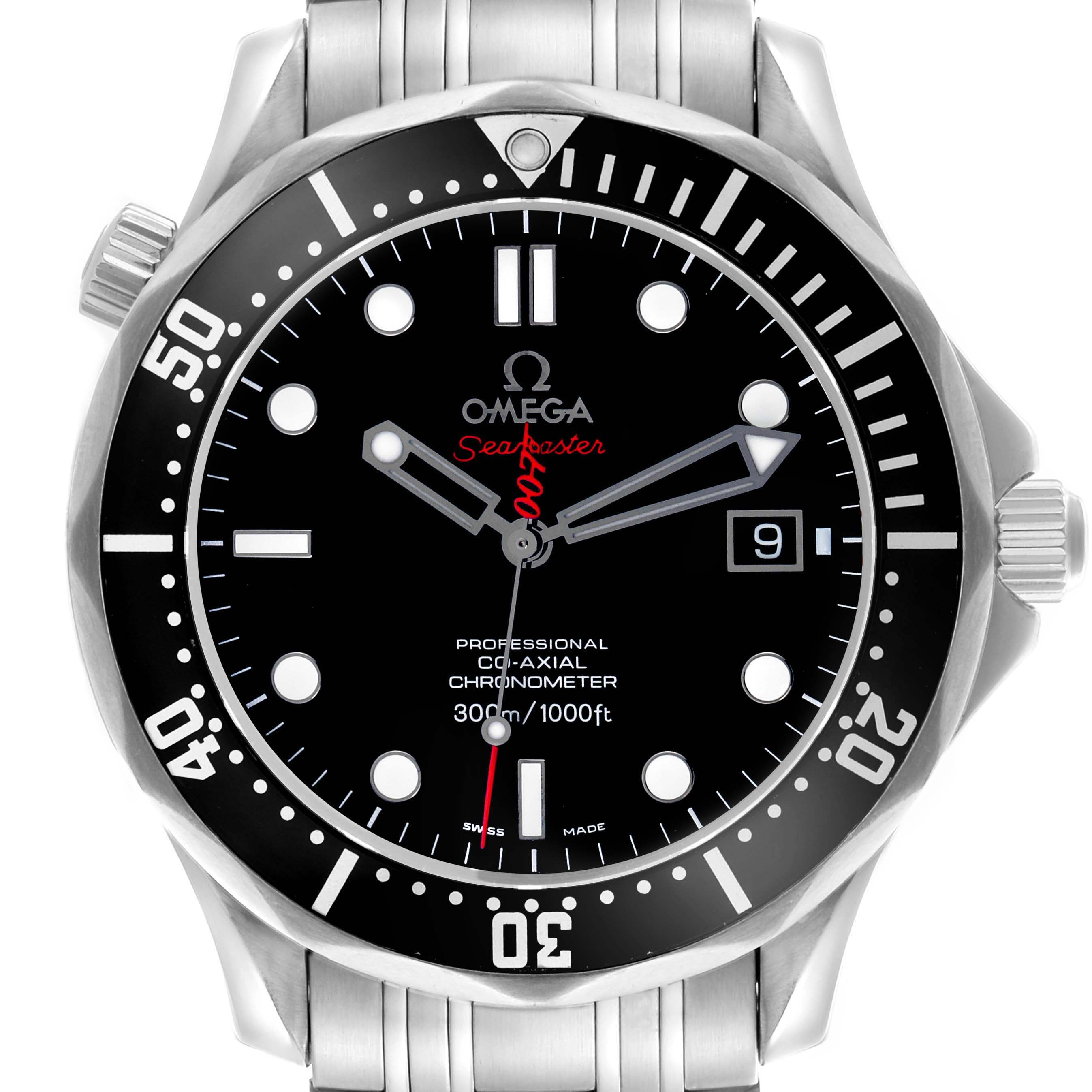 The Omega Seamaster 212.30.41.20.01.001 Men's Stainless Steel Black Dial 212.30.41.20.01.001 Men's Stainless Steel Black Dial watch is shown from a frontal angle, highlighting the dial, bezel, and bracelet.