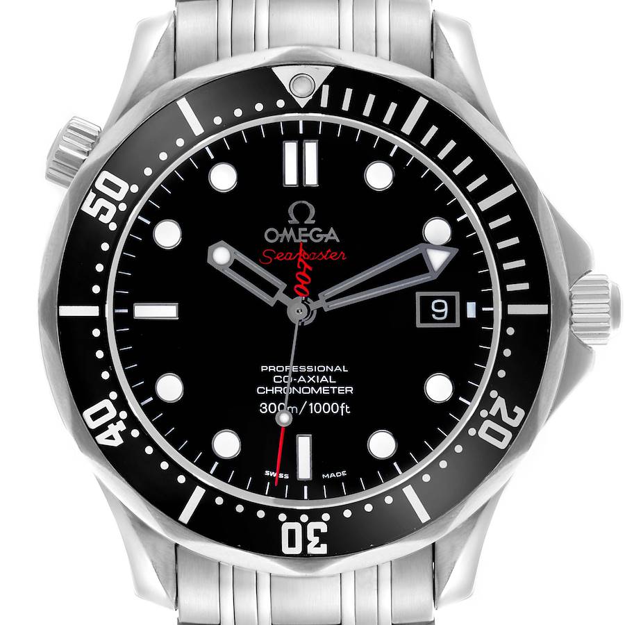The Omega Seamaster watch is shown from a frontal angle, highlighting the dial, bezel, and bracelet.