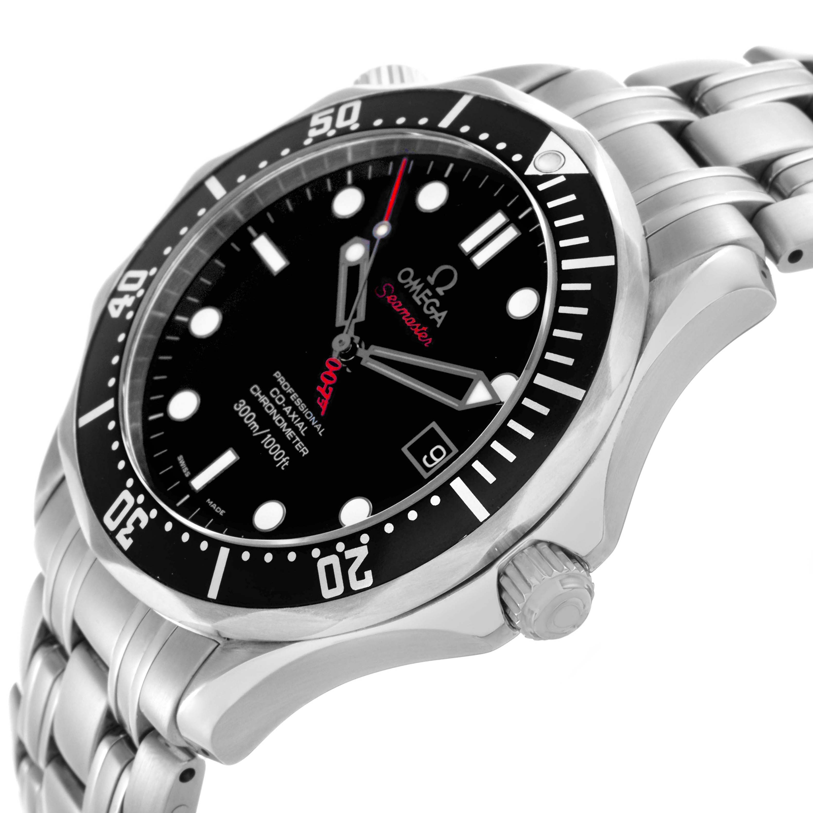 The Omega Seamaster 212.30.41.20.01.001 Men's Stainless Steel Black Dial 212.30.41.20.01.001 Men's Stainless Steel Black Dial watch is shown at a three-quarter angle, highlighting the bezel, dial, crown, and bracelet.
