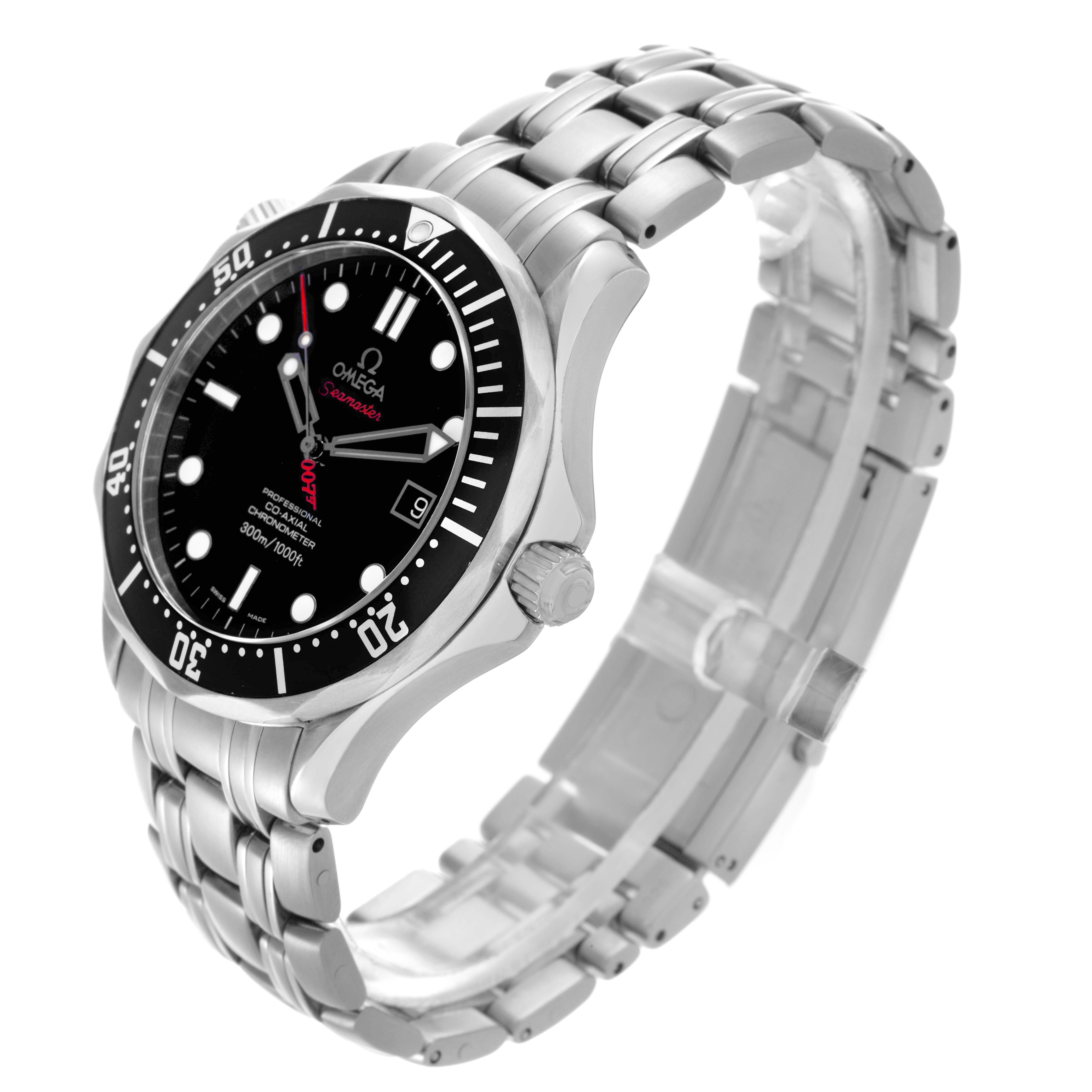 The Omega Seamaster 212.30.41.20.01.001 Men's Stainless Steel Black Dial 212.30.41.20.01.001 Men's Stainless Steel Black Dial watch is shown at a three-quarter angle, highlighting the face, bezel, and stainless steel bracelet.