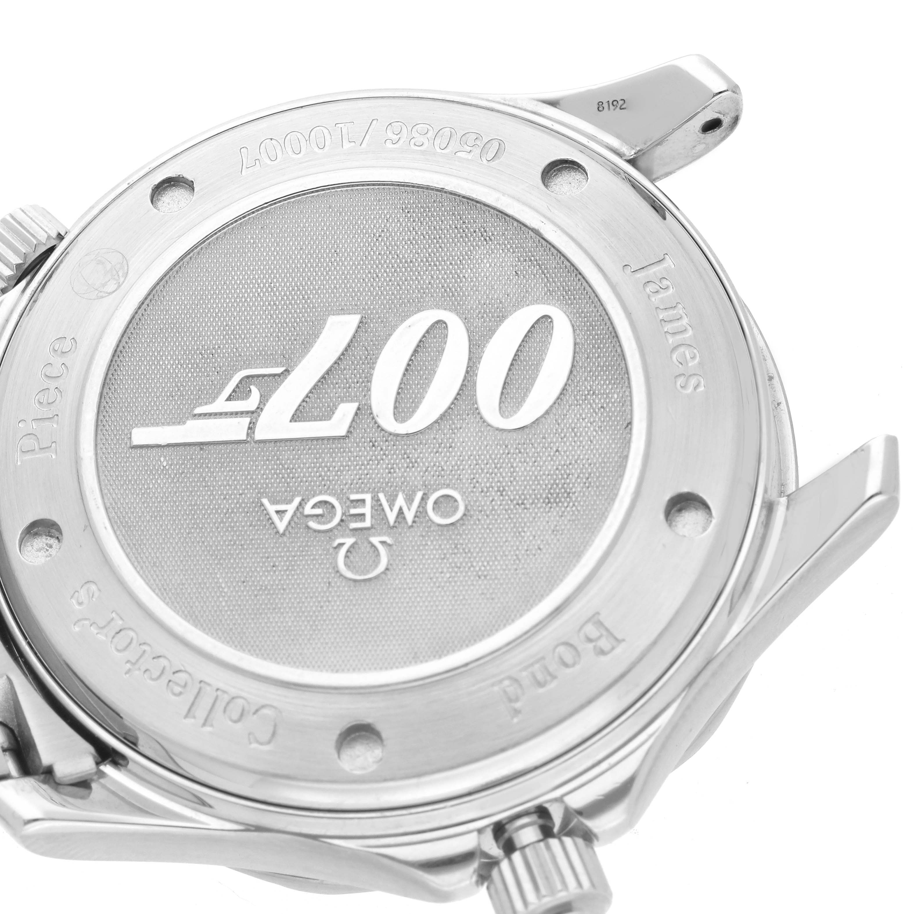 The image shows the back case of an Omega Seamaster 212.30.41.20.01.001 Men's Stainless Steel Black Dial 212.30.41.20.01.001 Men's Stainless Steel Black Dial 007 watch with the James Bond branding visible.
