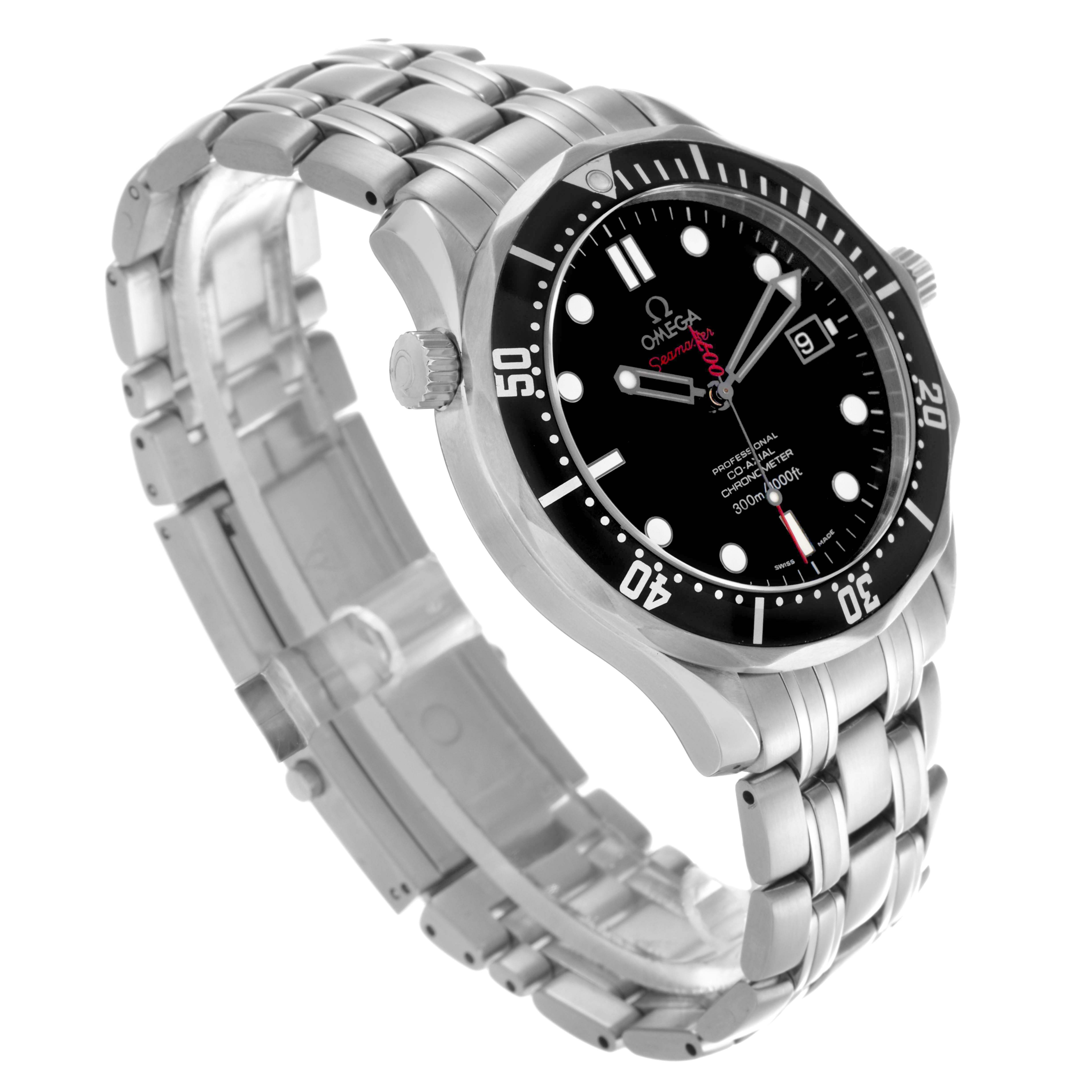 The Omega Seamaster 212.30.41.20.01.001 Men's Stainless Steel Black Dial 212.30.41.20.01.001 Men's Stainless Steel Black Dial watch is shown from a three-quarter angle, displaying the face, bezel, crown, and metal bracelet.