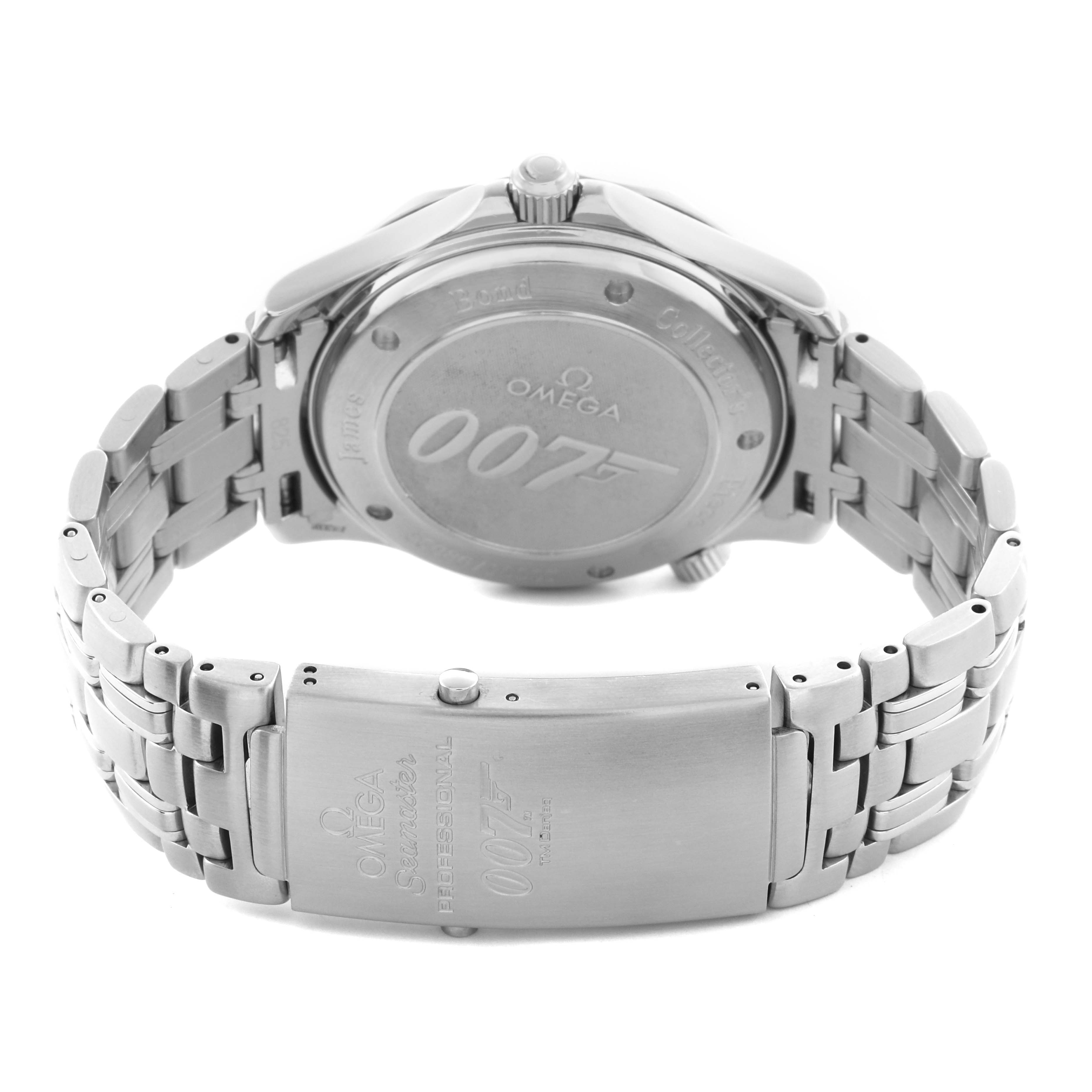 The Omega Seamaster 212.30.41.20.01.001 Men's Stainless Steel Black Dial 212.30.41.20.01.001 Men's Stainless Steel Black Dial watch is shown from the back, highlighting the case back and metal bracelet with 007 branding.