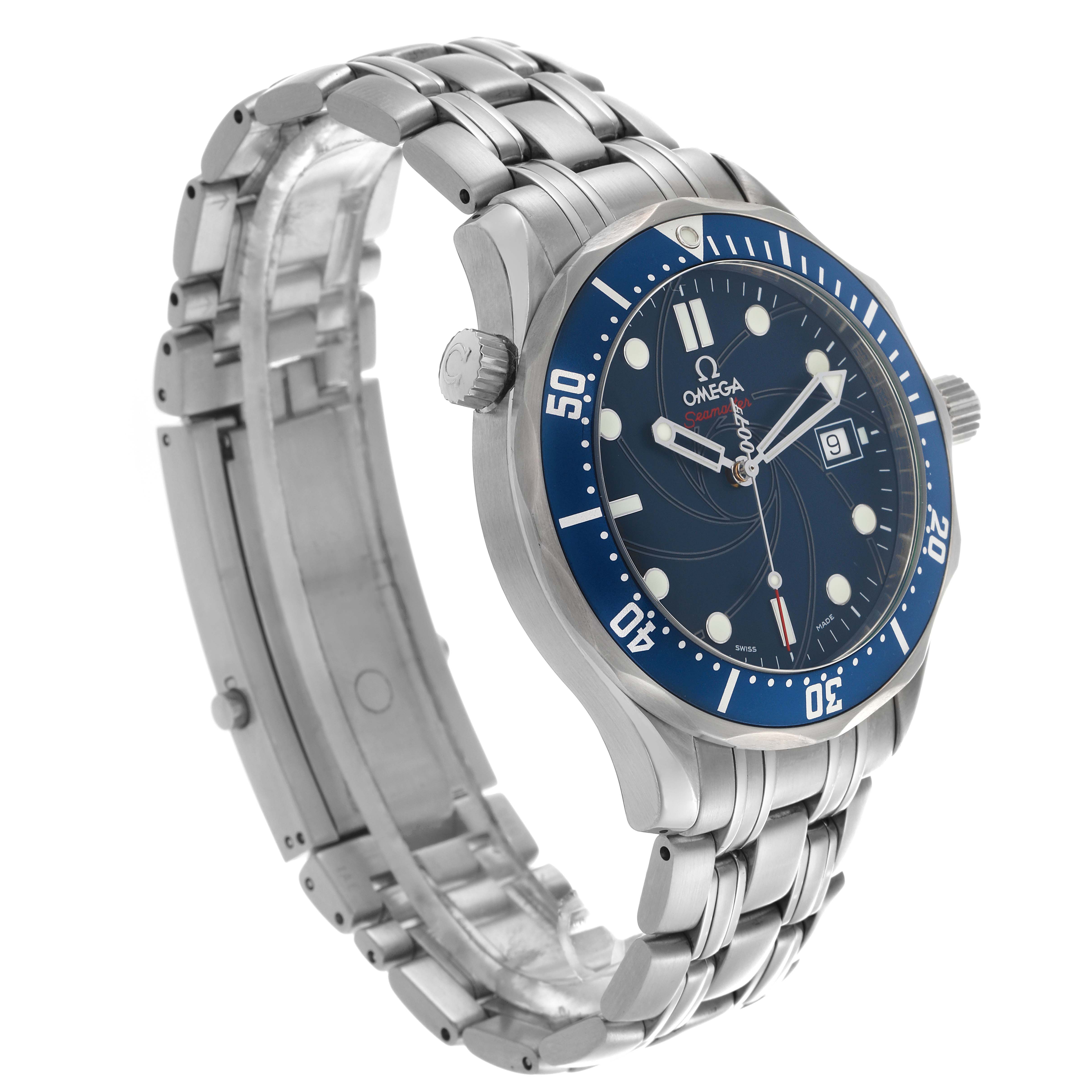 The Omega Seamaster 2226.80.00 Men
s Stainless Steel Blue Dial 2226.80.00 Men
s Stainless Steel Blue Dial watch is shown at a three-quarter angle highlighting the face, bezel, crown, and stainless steel bracelet.