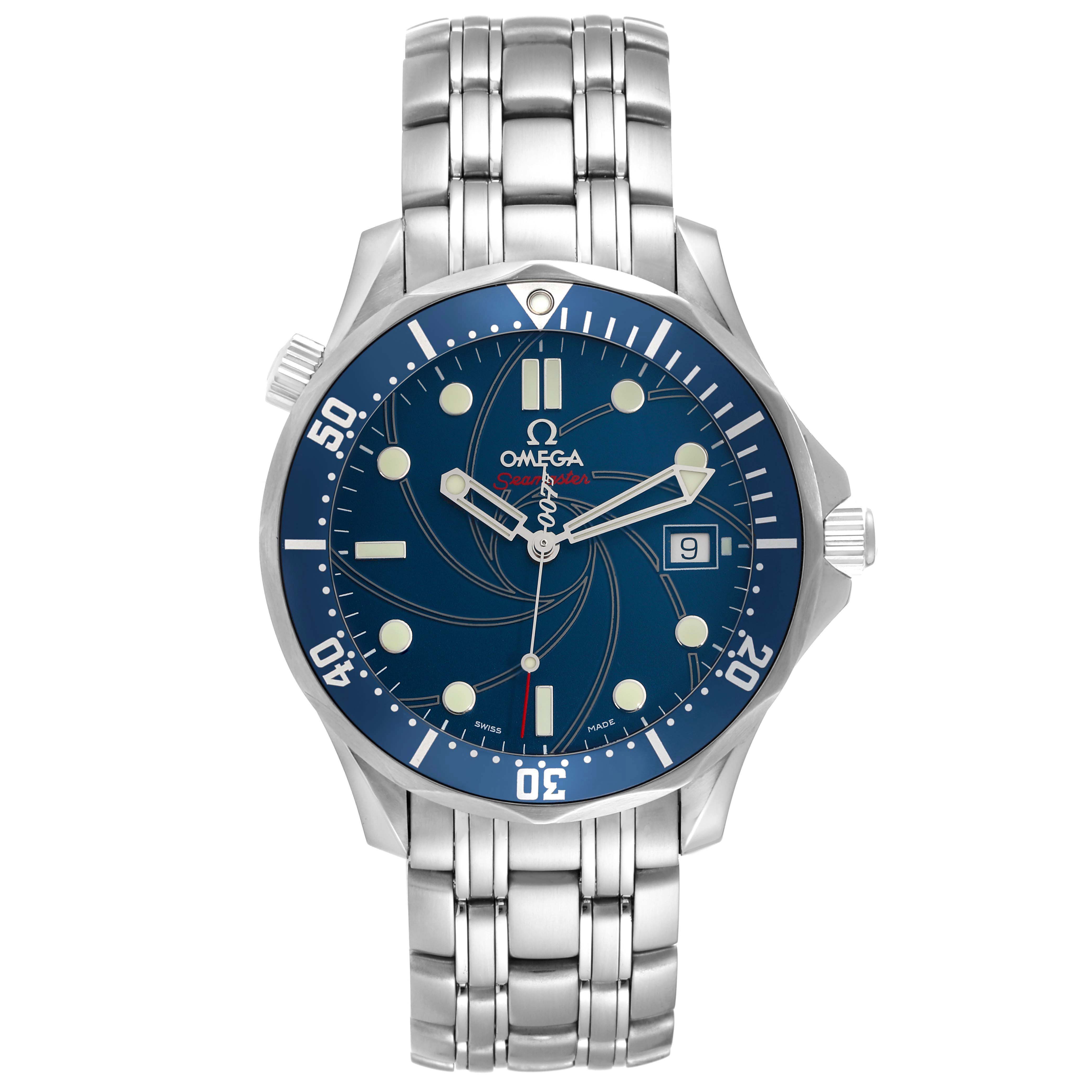 The Omega Seamaster 2226.80.00 Men
s Stainless Steel Blue Dial 2226.80.00 Men
s Stainless Steel Blue Dial is shown from a front angle, highlighting the dial, bezel, crown, and metal bracelet.