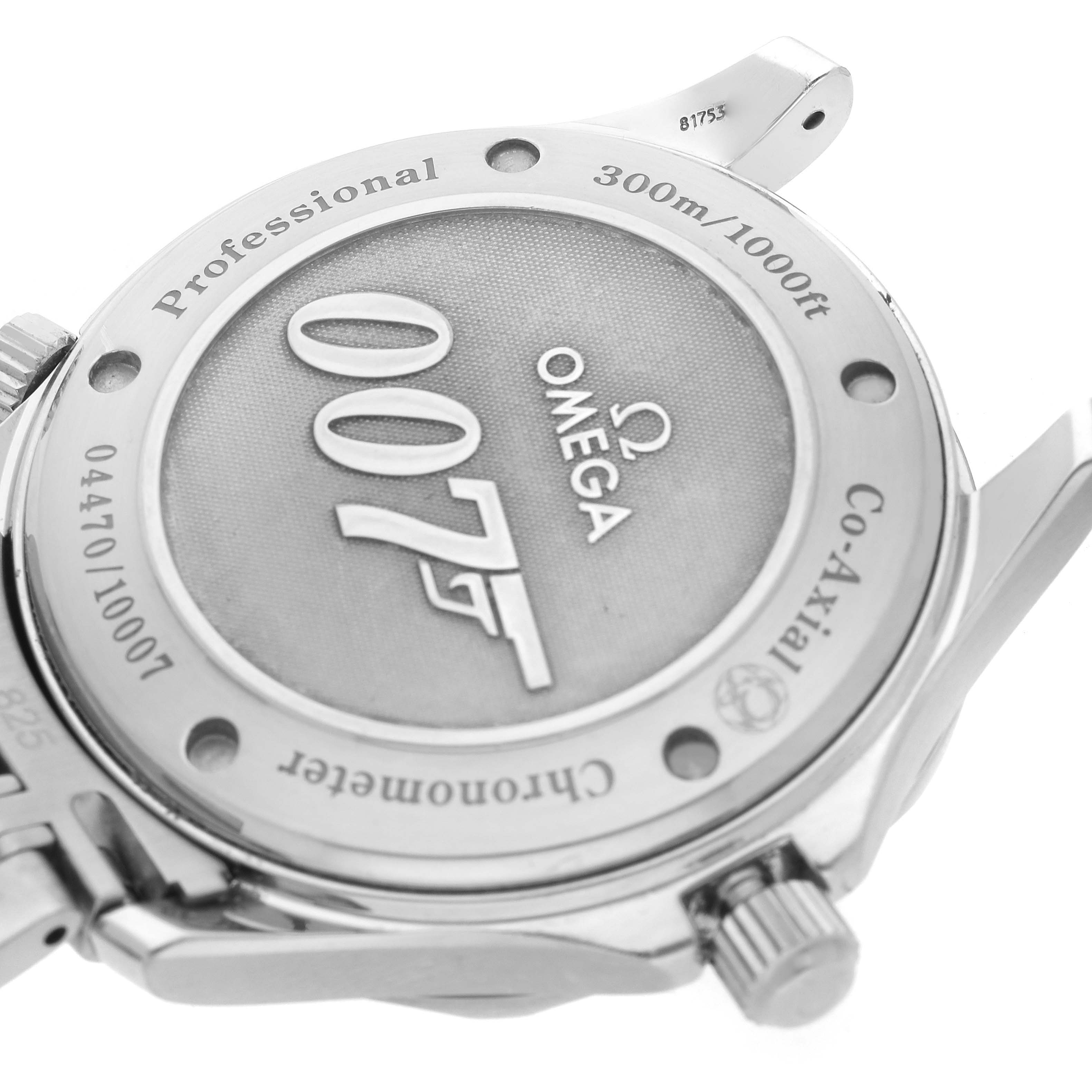 The Omega Seamaster 2226.80.00 Men
s Stainless Steel Blue Dial 2226.80.00 Men
s Stainless Steel Blue Dial watch is shown from the back, highlighting its engraved case back and branding.