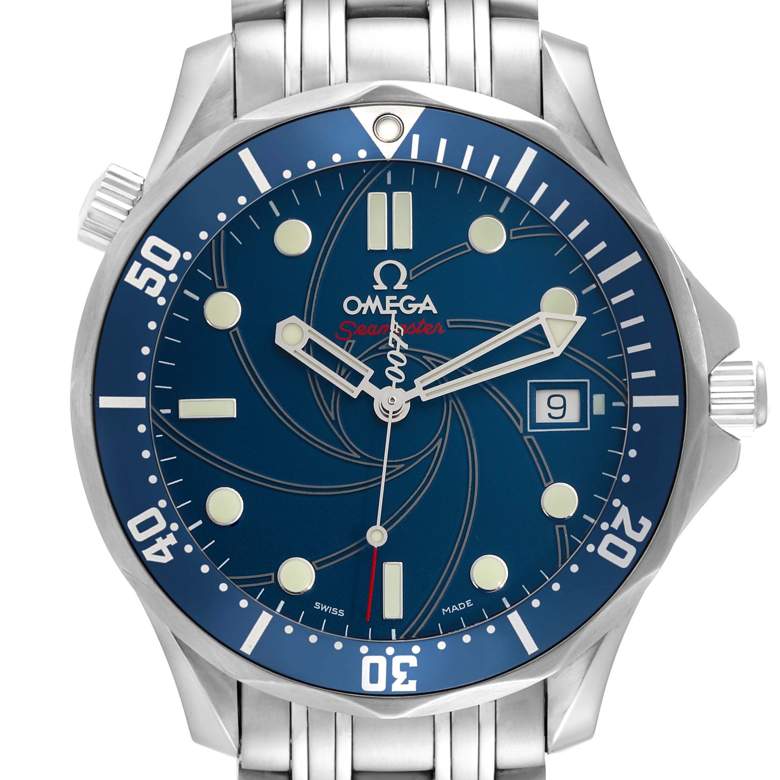 The Omega Seamaster 2226.80.00 Men
s Stainless Steel Blue Dial 2226.80.00 Men
s Stainless Steel Blue Dial watch is shown from the front, displaying its blue dial, hands, date window, and stainless steel bracelet.