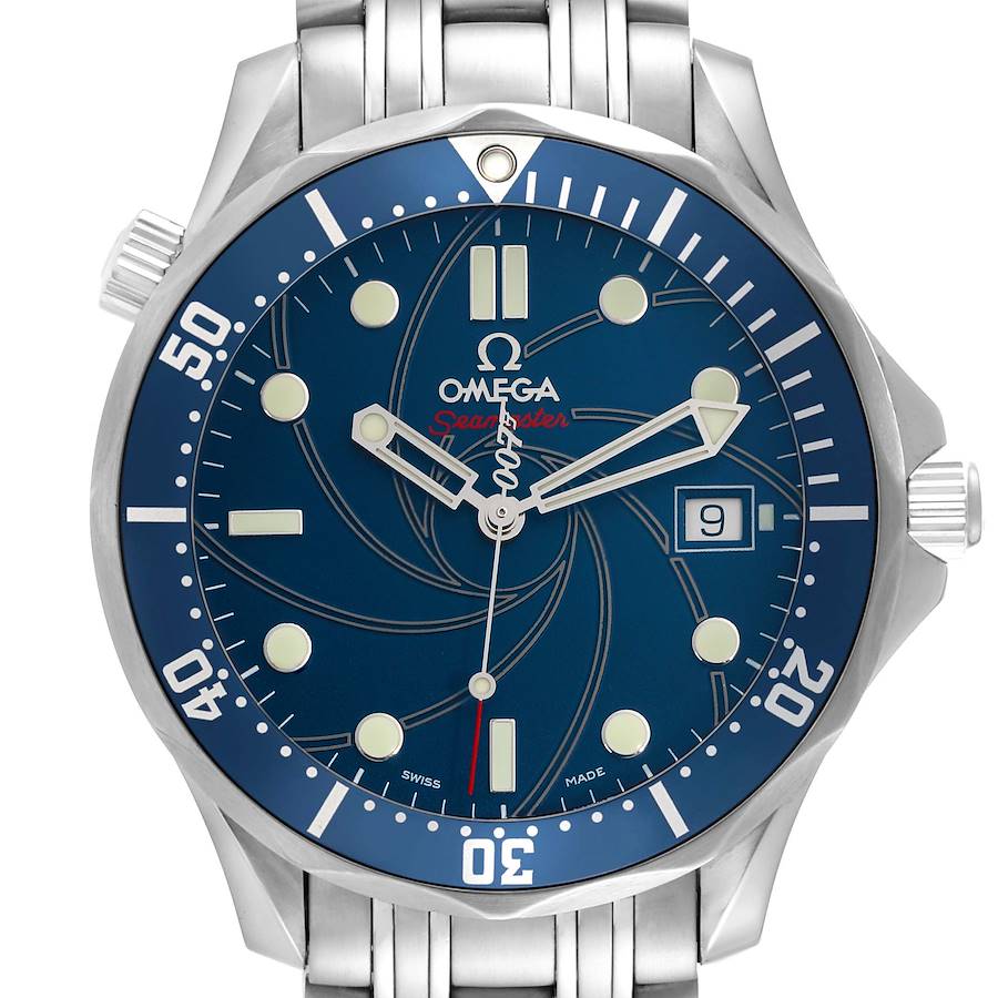 The Omega Seamaster watch is shown from the front, displaying its blue dial, hands, date window, and stainless steel bracelet.