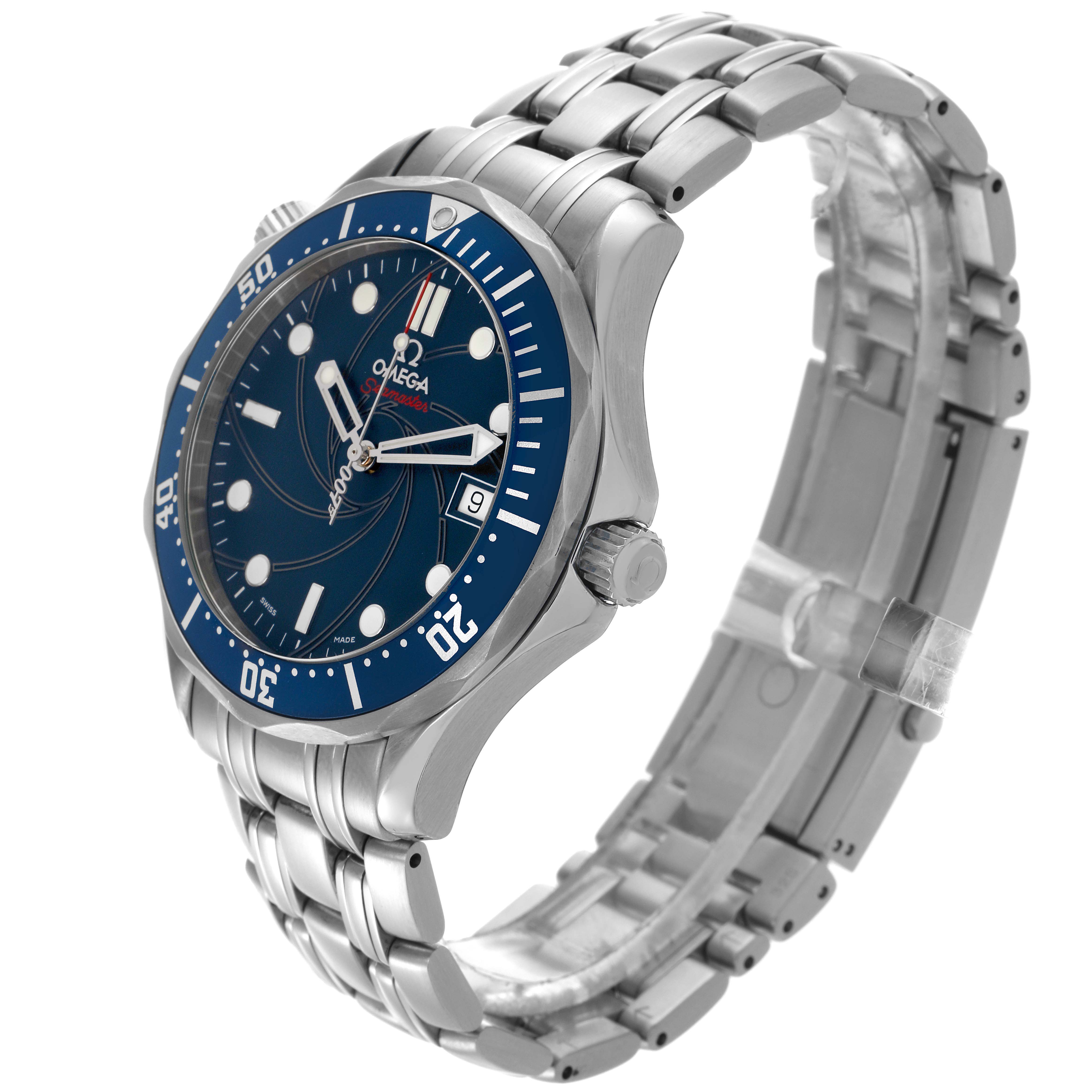 The Omega Seamaster 2226.80.00 Men
s Stainless Steel Blue Dial 2226.80.00 Men
s Stainless Steel Blue Dial watch is shown at an angle highlighting the face, bezel, case, and metal bracelet.