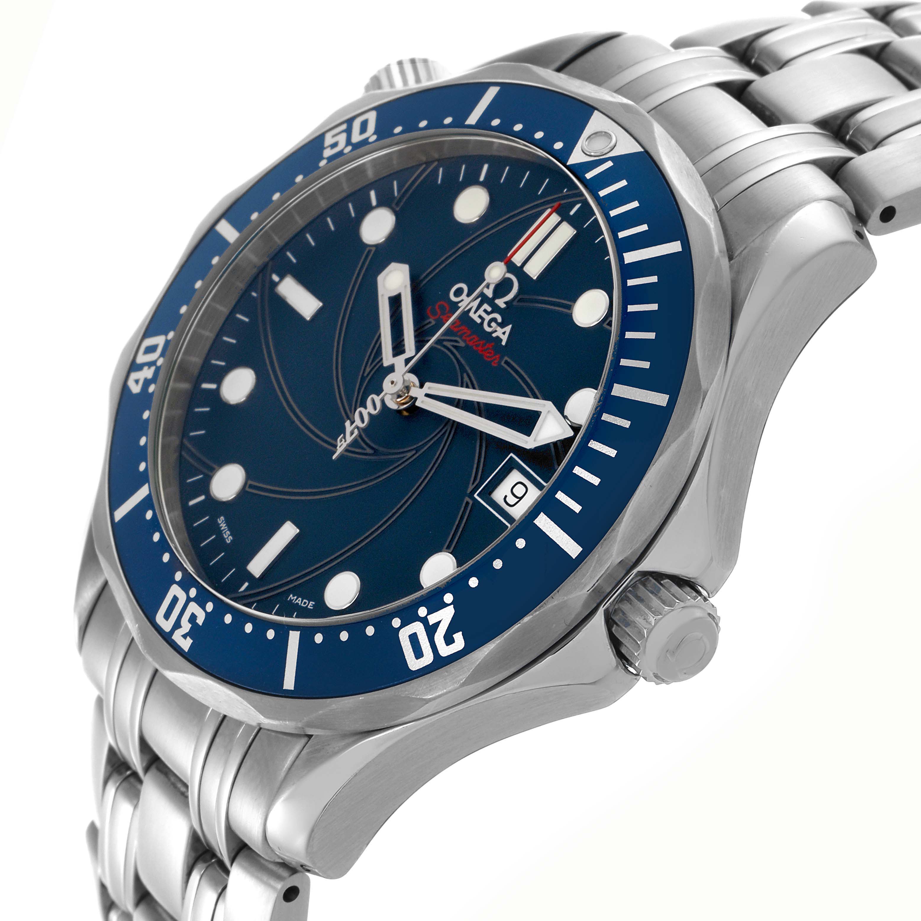 The image shows the Omega Seamaster 2226.80.00 Men
s Stainless Steel Blue Dial 2226.80.00 Men
s Stainless Steel Blue Dial watch at a three-quarter angle, highlighting the blue bezel, dial, crown, and stainless steel bracelet.