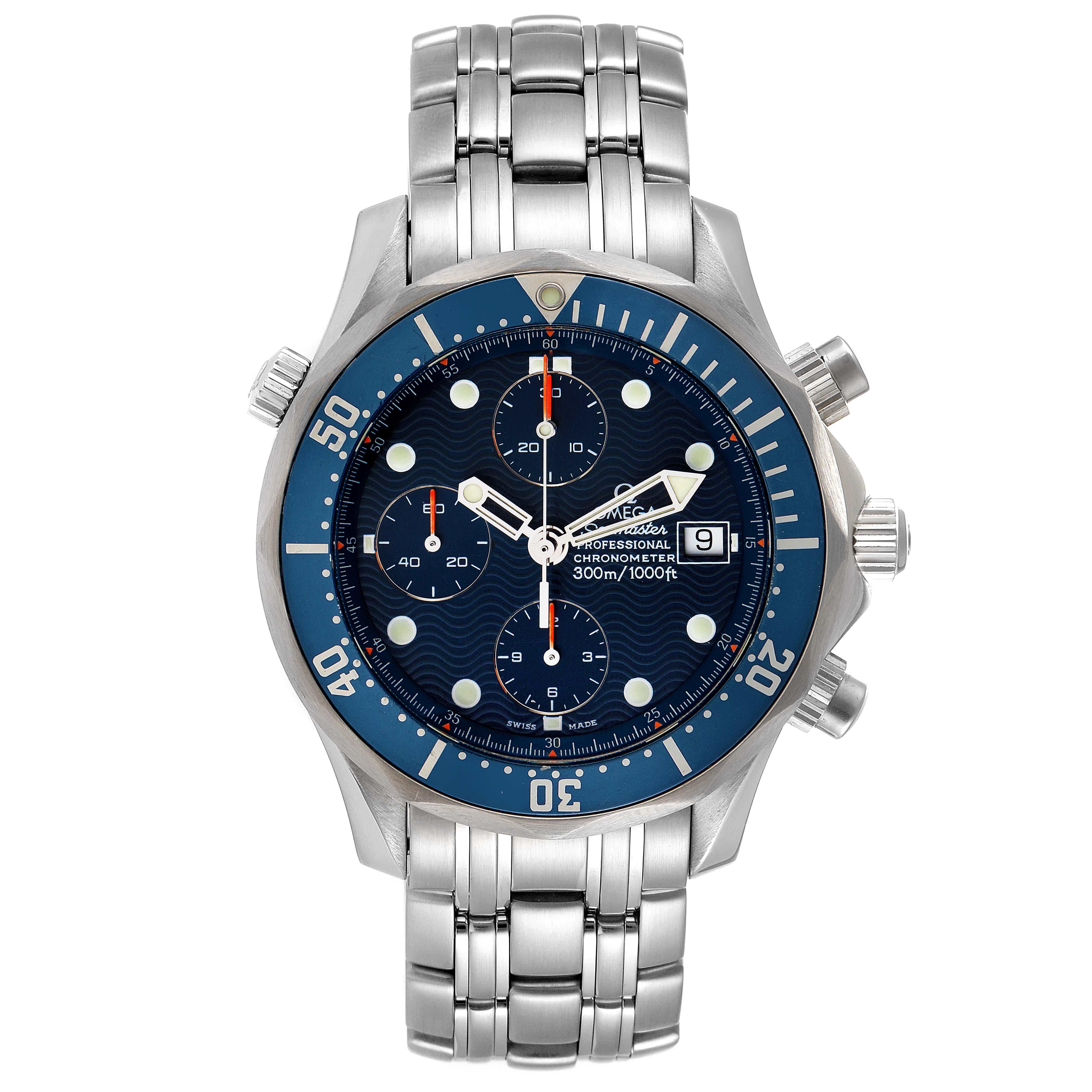 This image shows a front view of the Omega Seamaster 2599.80.00 Men's Stainless Steel Blue Dial 2599.80.00 Men's Stainless Steel Blue Dial watch, featuring its dial, bezel, and bracelet.
