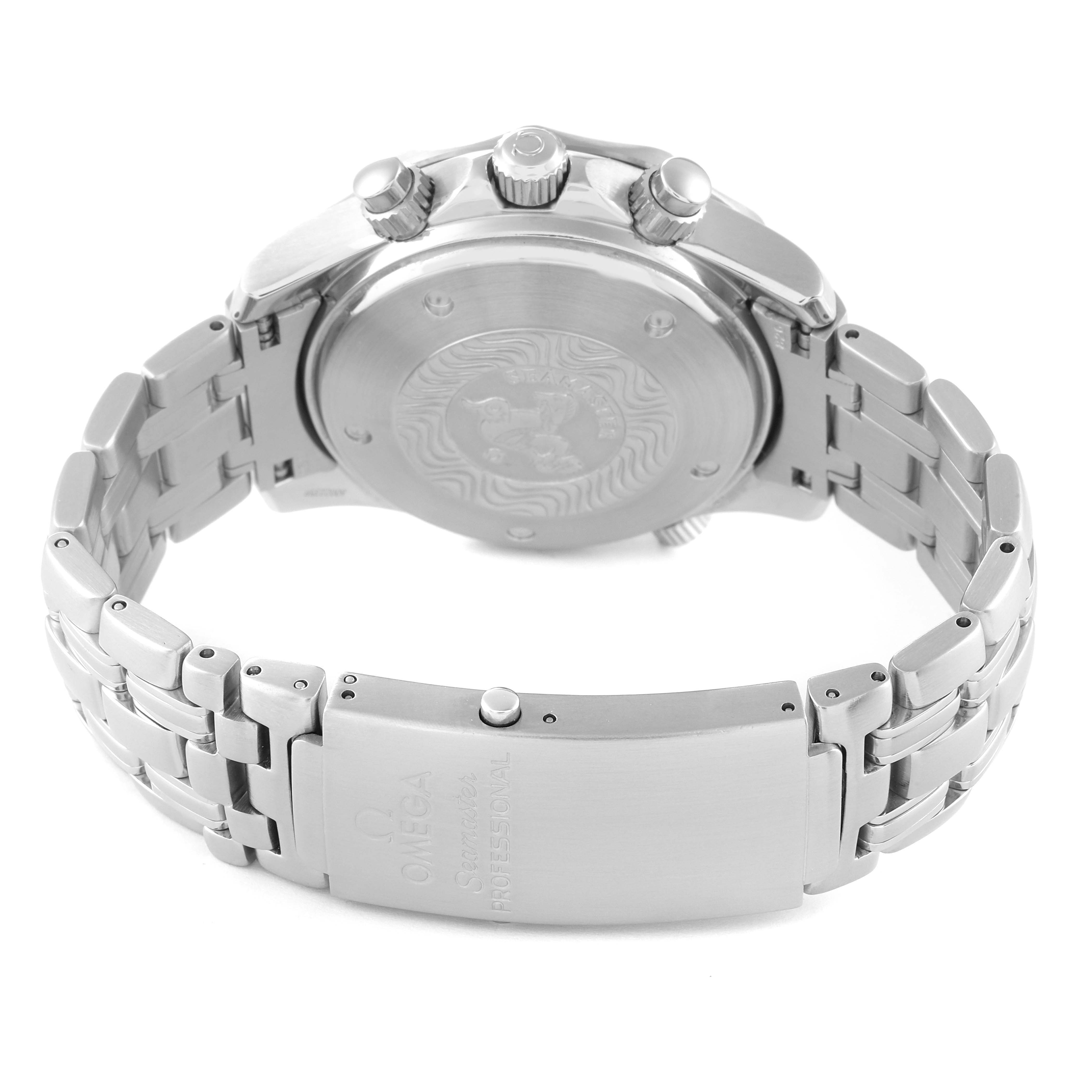 The image shows the back of an Omega Seamaster 2599.80.00 Men's Stainless Steel Blue Dial 2599.80.00 Men's Stainless Steel Blue Dial watch, focusing on the case back and metal bracelet clasp.