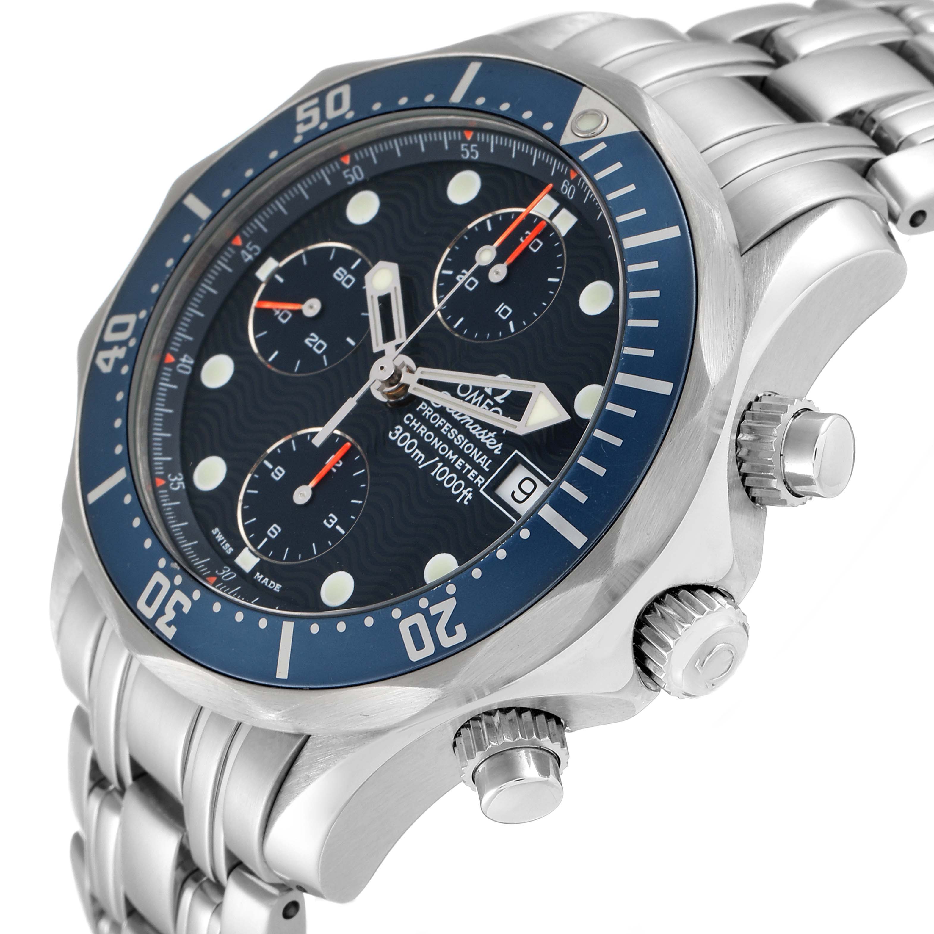 The Omega Seamaster 2599.80.00 Men's Stainless Steel Blue Dial 2599.80.00 Men's Stainless Steel Blue Dial watch is shown at an angled side view, showcasing the face, bezel, crown, and bracelet.