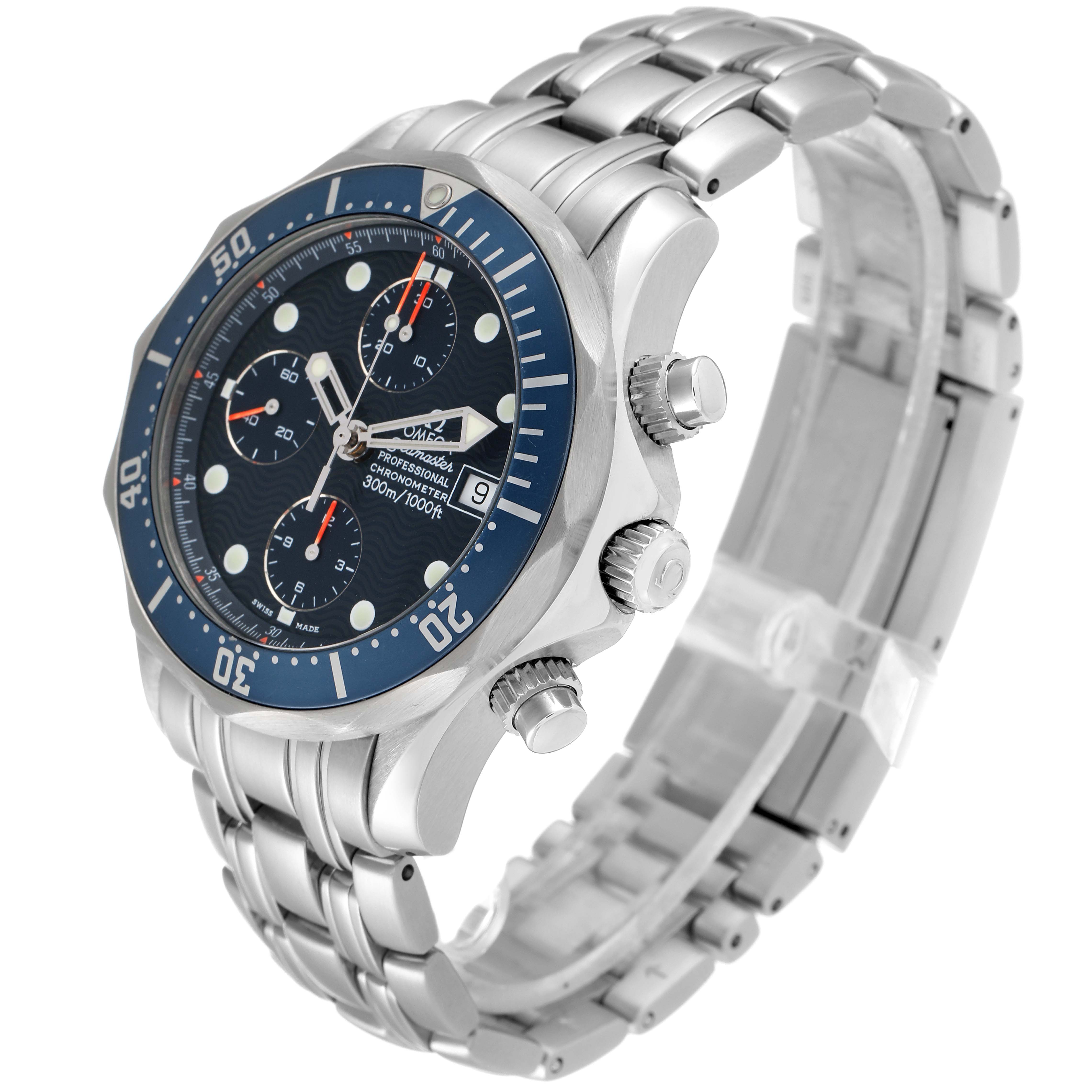The image shows an Omega Seamaster 2599.80.00 Men's Stainless Steel Blue Dial 2599.80.00 Men's Stainless Steel Blue Dial watch at a three-quarter angle displaying the face, case, bezel, and metal bracelet.