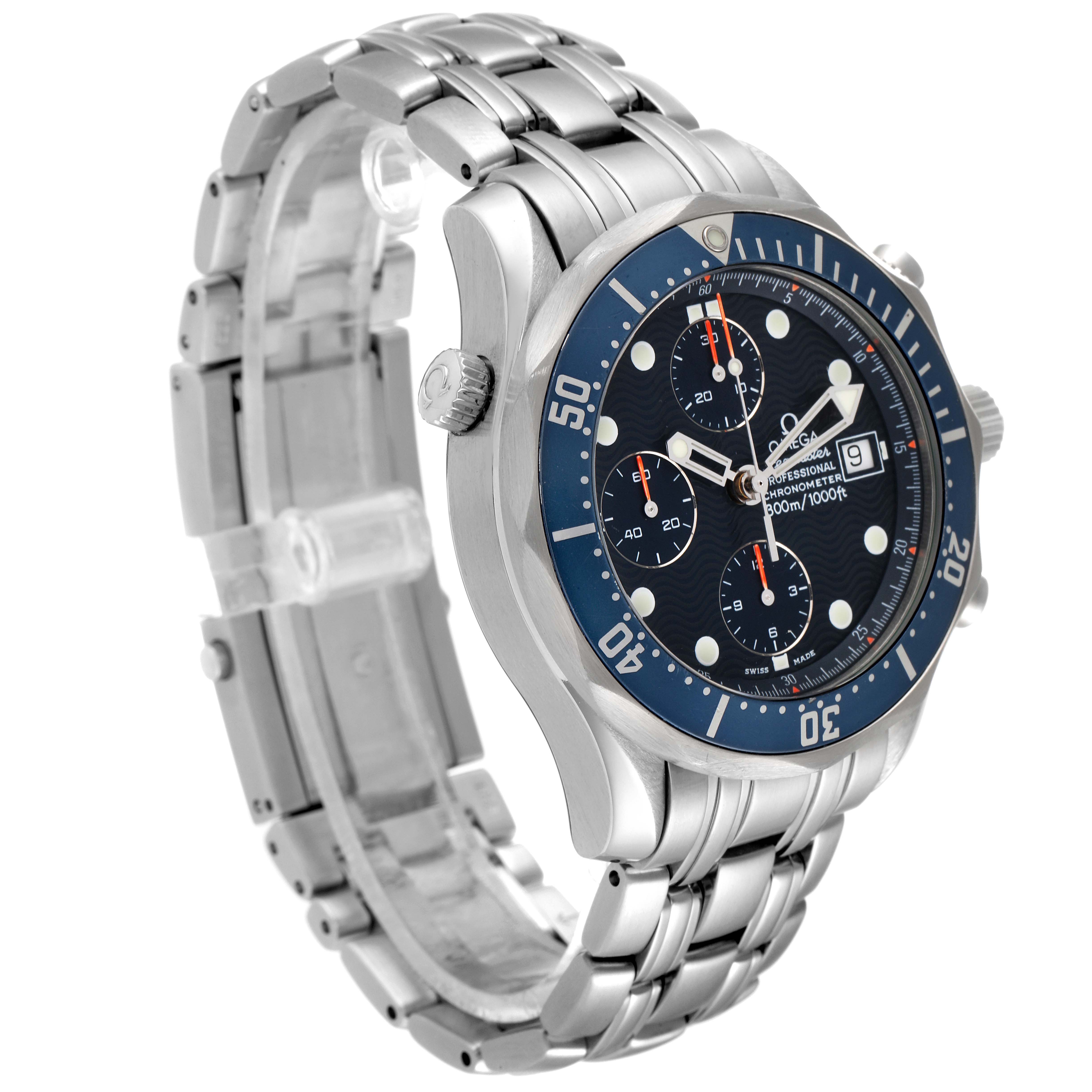 The image shows a left side view of an Omega Seamaster 2599.80.00 Men's Stainless Steel Blue Dial 2599.80.00 Men's Stainless Steel Blue Dial watch featuring its bracelet, bezel, and crown.