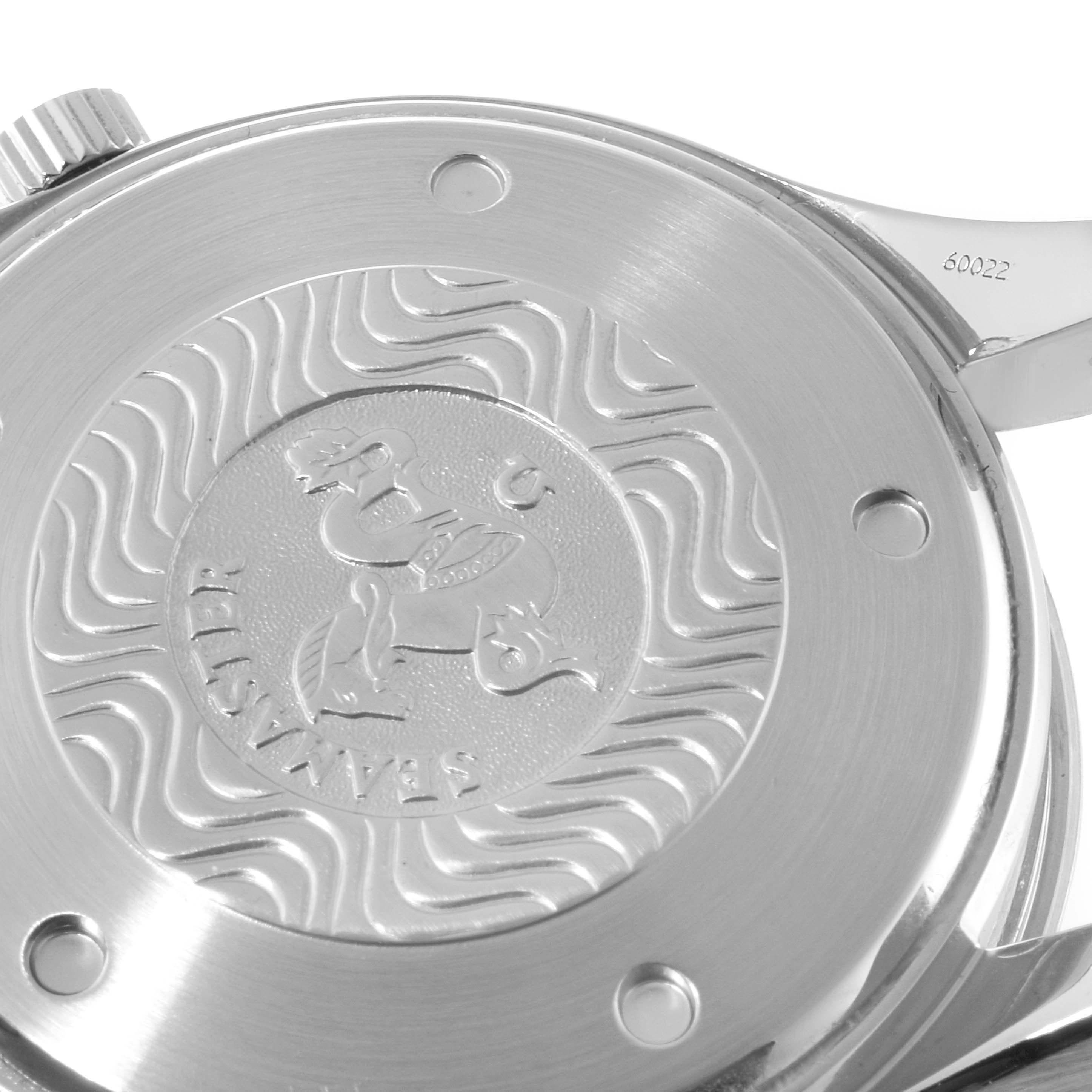 This image shows the engraved case back of an Omega Seamaster 2599.80.00 Men's Stainless Steel Blue Dial 2599.80.00 Men's Stainless Steel Blue Dial watch, viewed from an angle that highlights the branding and design details.