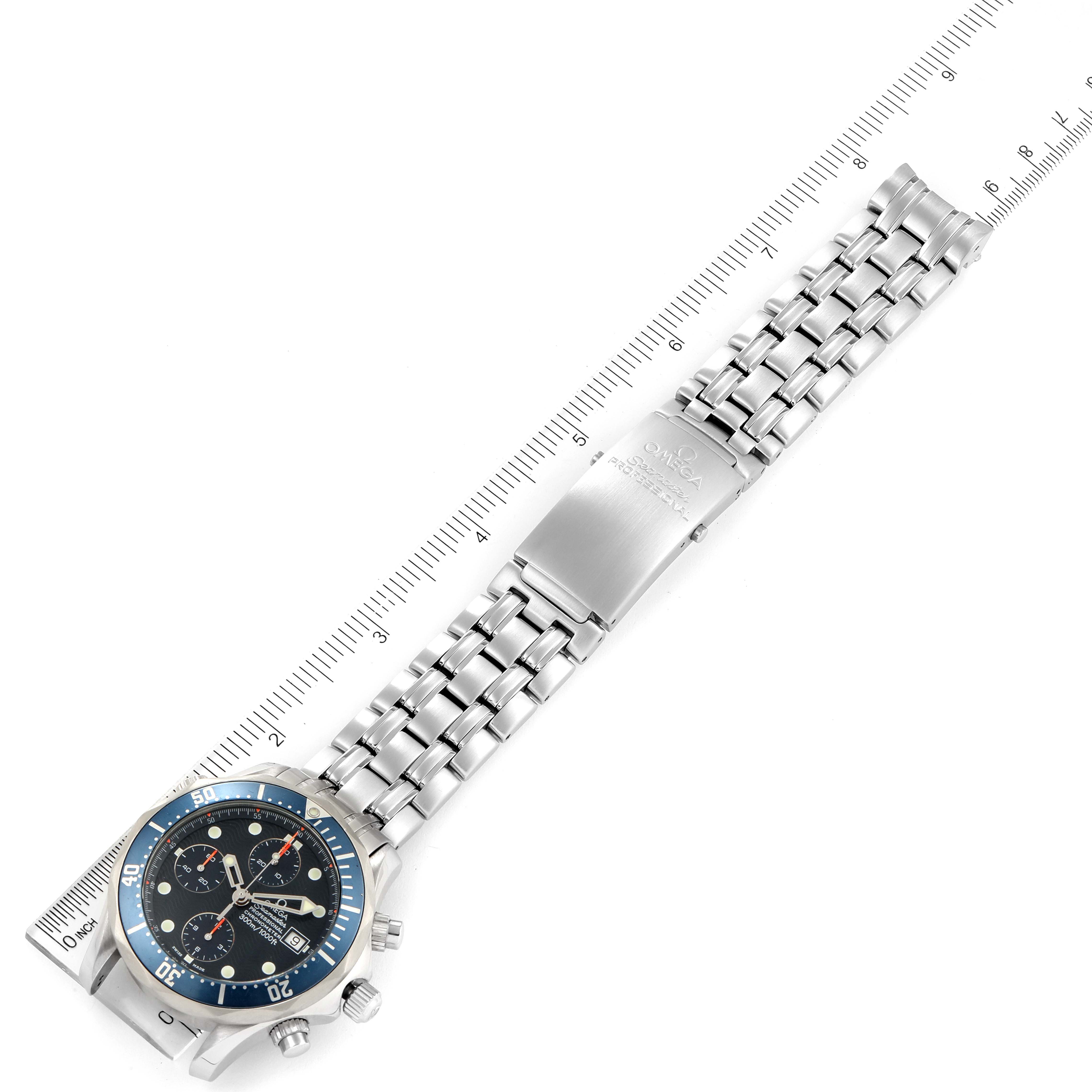 The image shows an overhead view of the Omega Seamaster 2599.80.00 Men's Stainless Steel Blue Dial 2599.80.00 Men's Stainless Steel Blue Dial watch, displaying its face, bezel, and stainless steel bracelet with clasps.