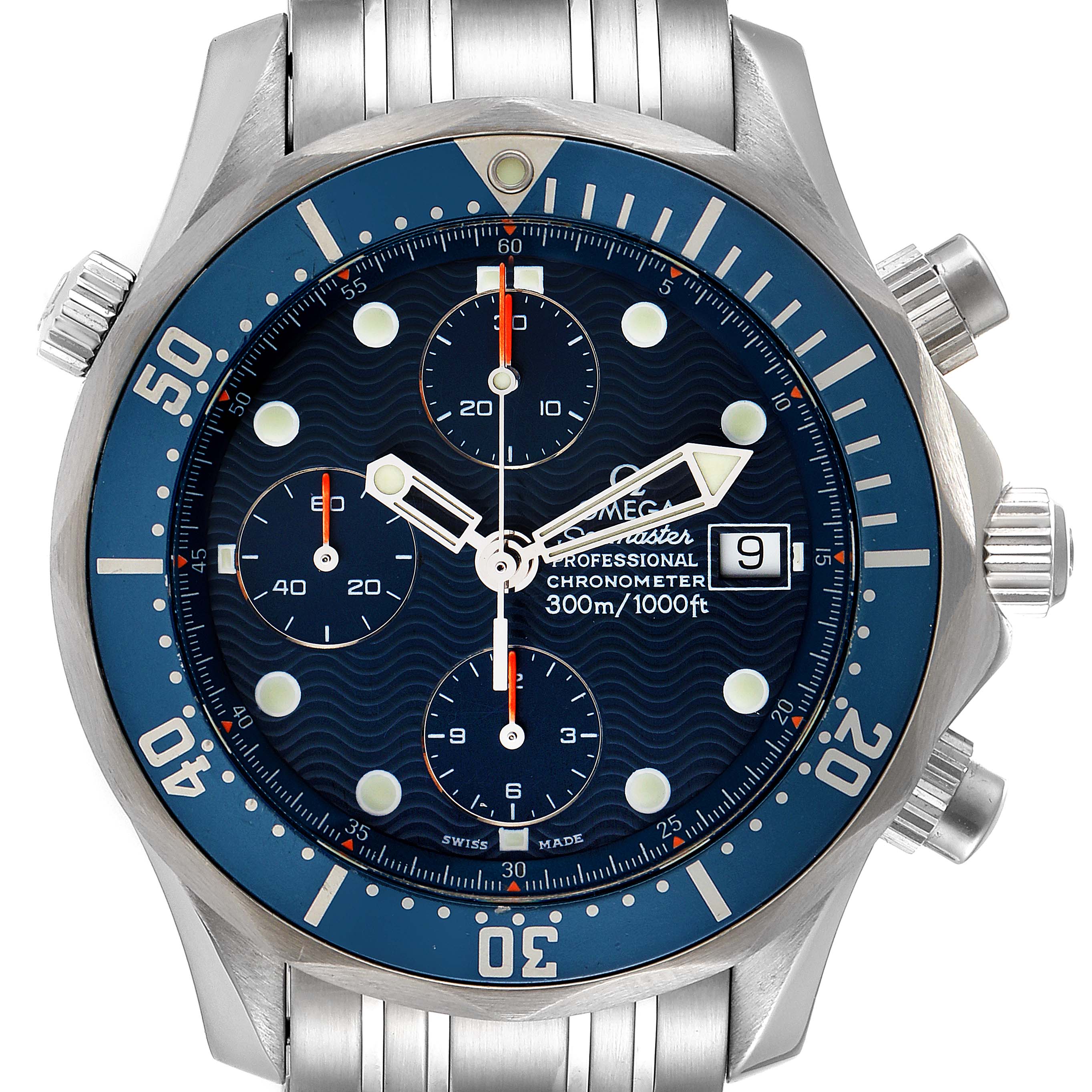 The Omega Seamaster 2599.80.00 Men's Stainless Steel Blue Dial 2599.80.00 Men's Stainless Steel Blue Dial watch is shown from a front angle, highlighting its dial, bezel, and stainless steel bracelet.