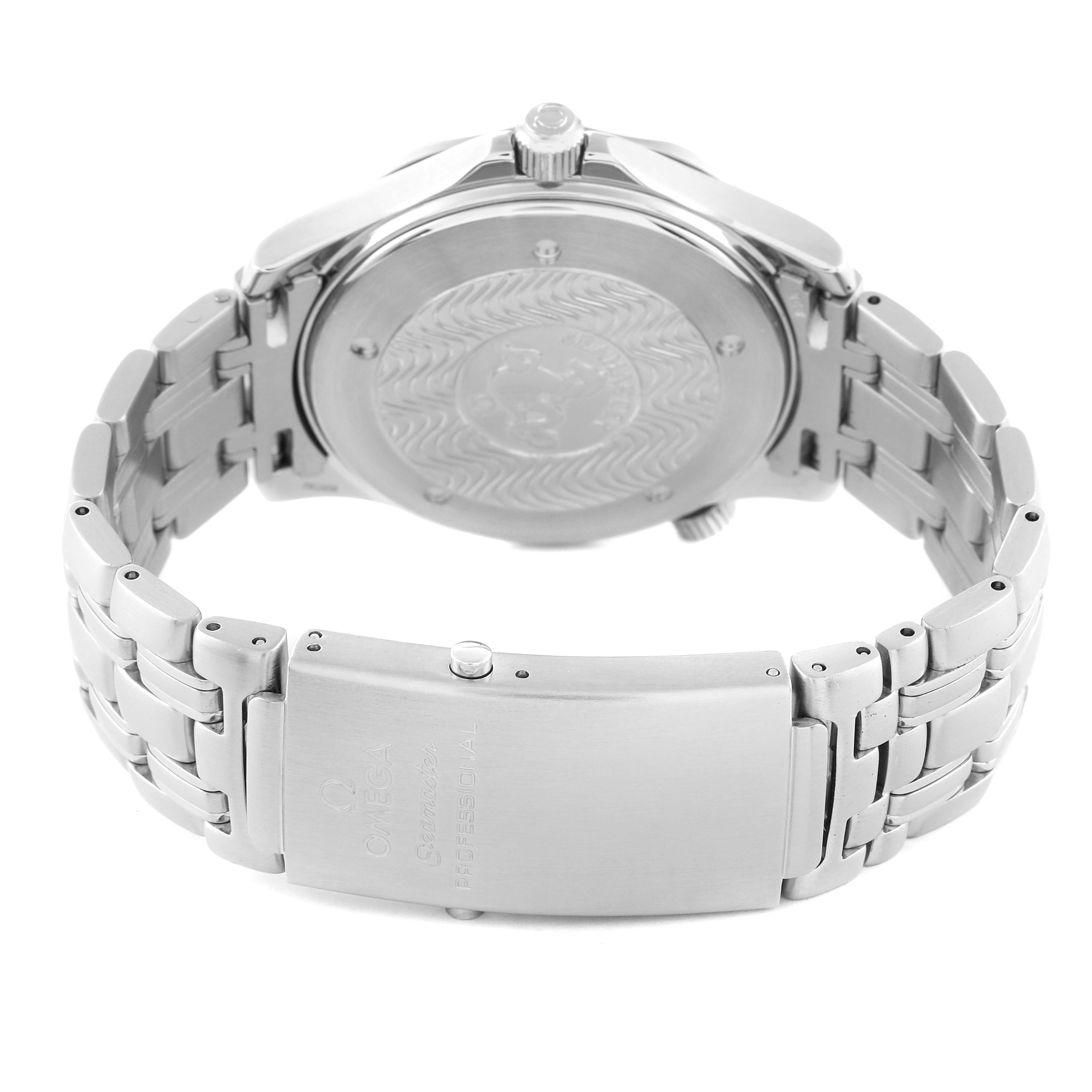 This image shows the back case and clasp of the Omega Seamaster 2531.80.00 Men's Stainless Steel Blue Dial 2531.80.00 Men's Stainless Steel Blue Dial watch at an angle highlighting the bracelet and case back details.