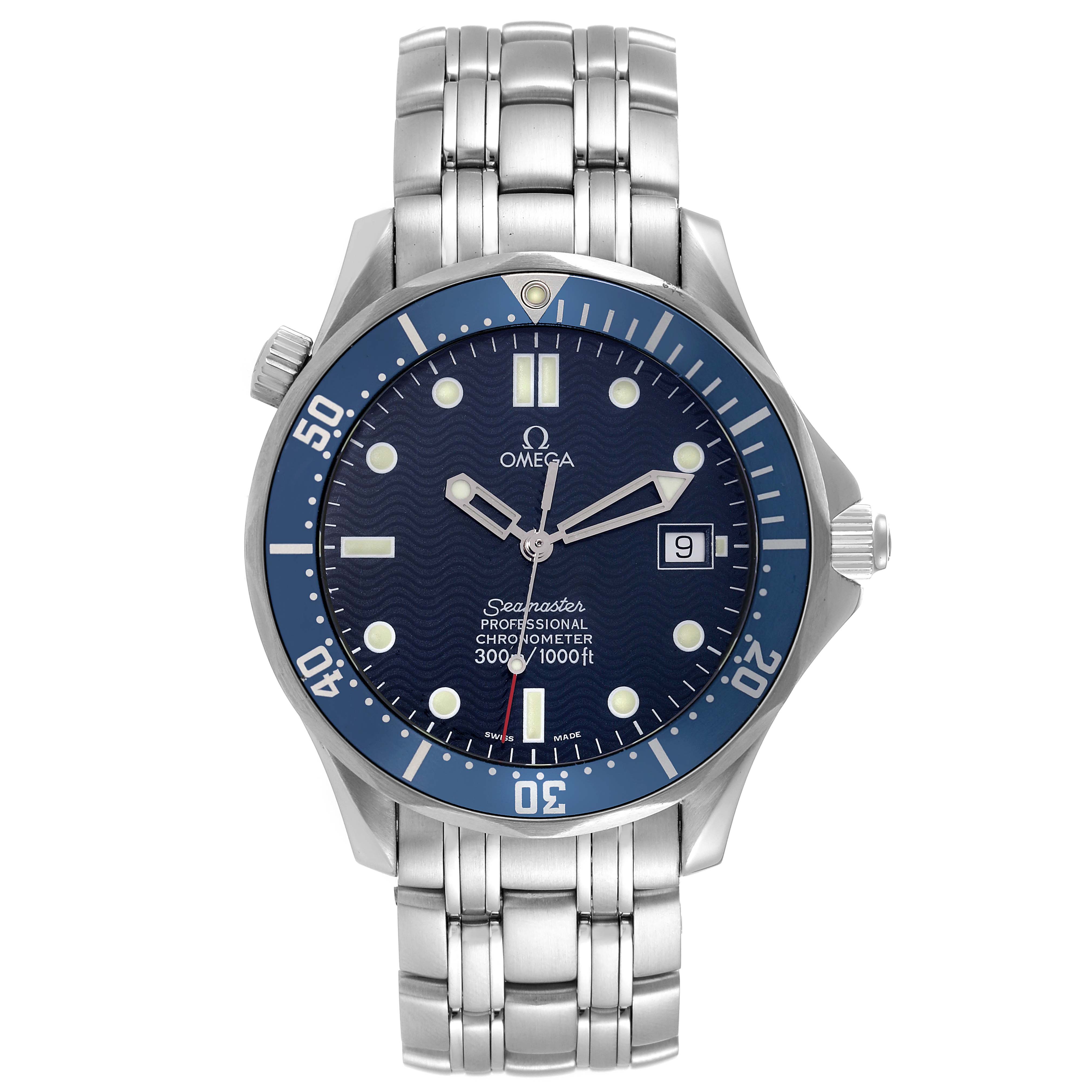 The Omega Seamaster 2531.80.00 Men's Stainless Steel Blue Dial 2531.80.00 Men's Stainless Steel Blue Dial watch is shown from the front, displaying the dial, bezel, and bracelet.
