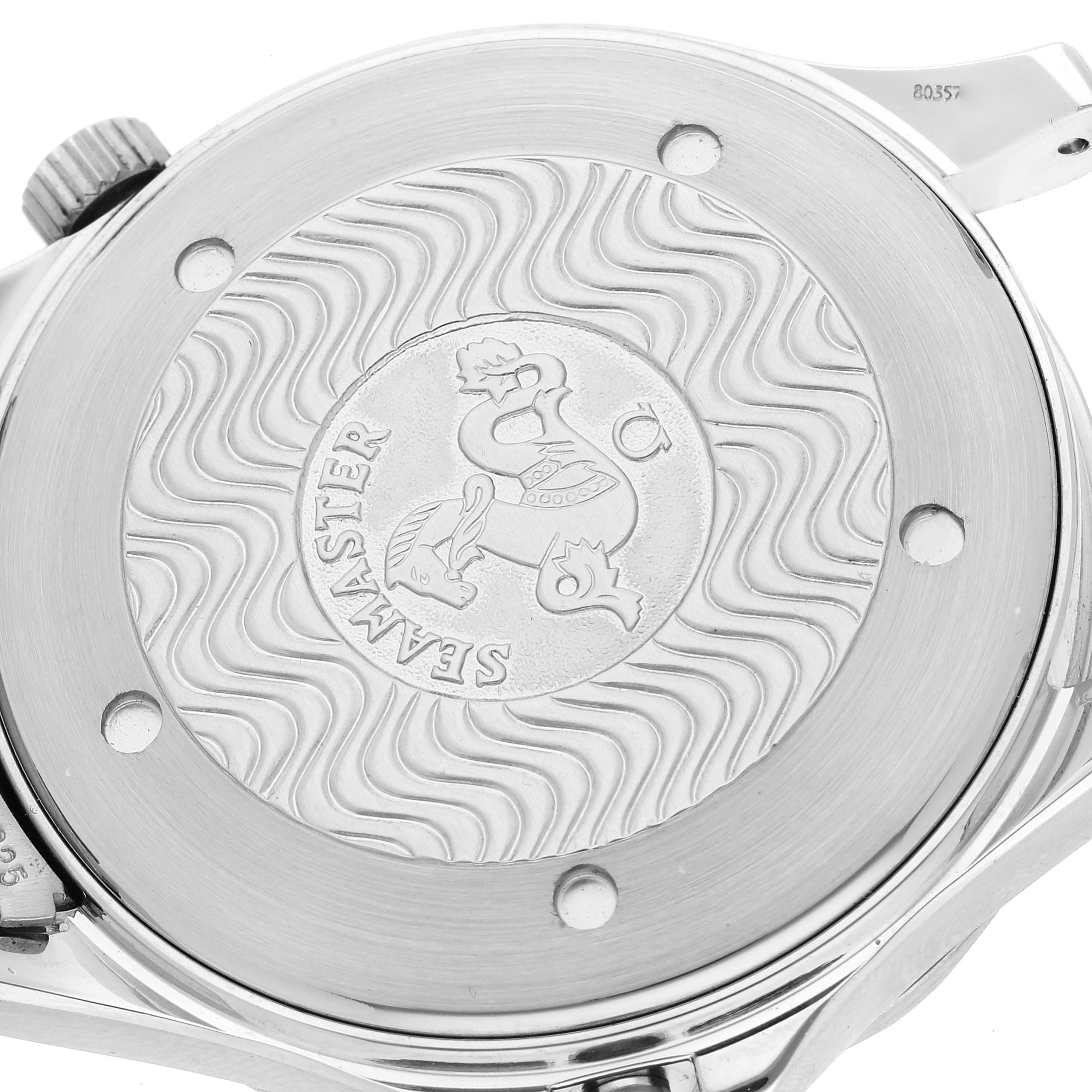 This image shows the back case of the Omega Seamaster 2531.80.00 Men's Stainless Steel Blue Dial 2531.80.00 Men's Stainless Steel Blue Dial watch, displaying its engraved logo and wavy design.