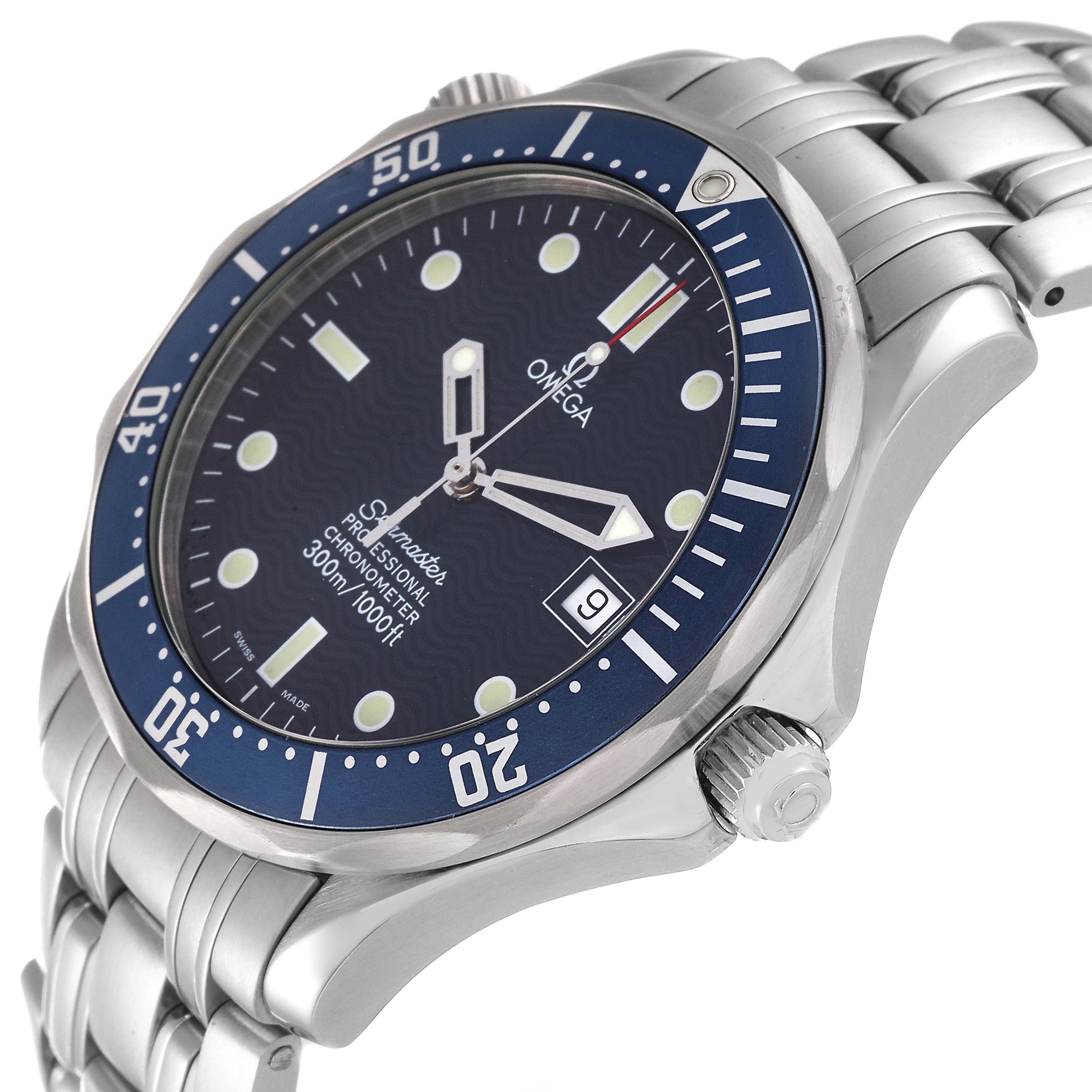 This image shows an angled view of the Omega Seamaster 2531.80.00 Men's Stainless Steel Blue Dial 2531.80.00 Men's Stainless Steel Blue Dial watch, highlighting its dial, bezel, crown, and metal bracelet.