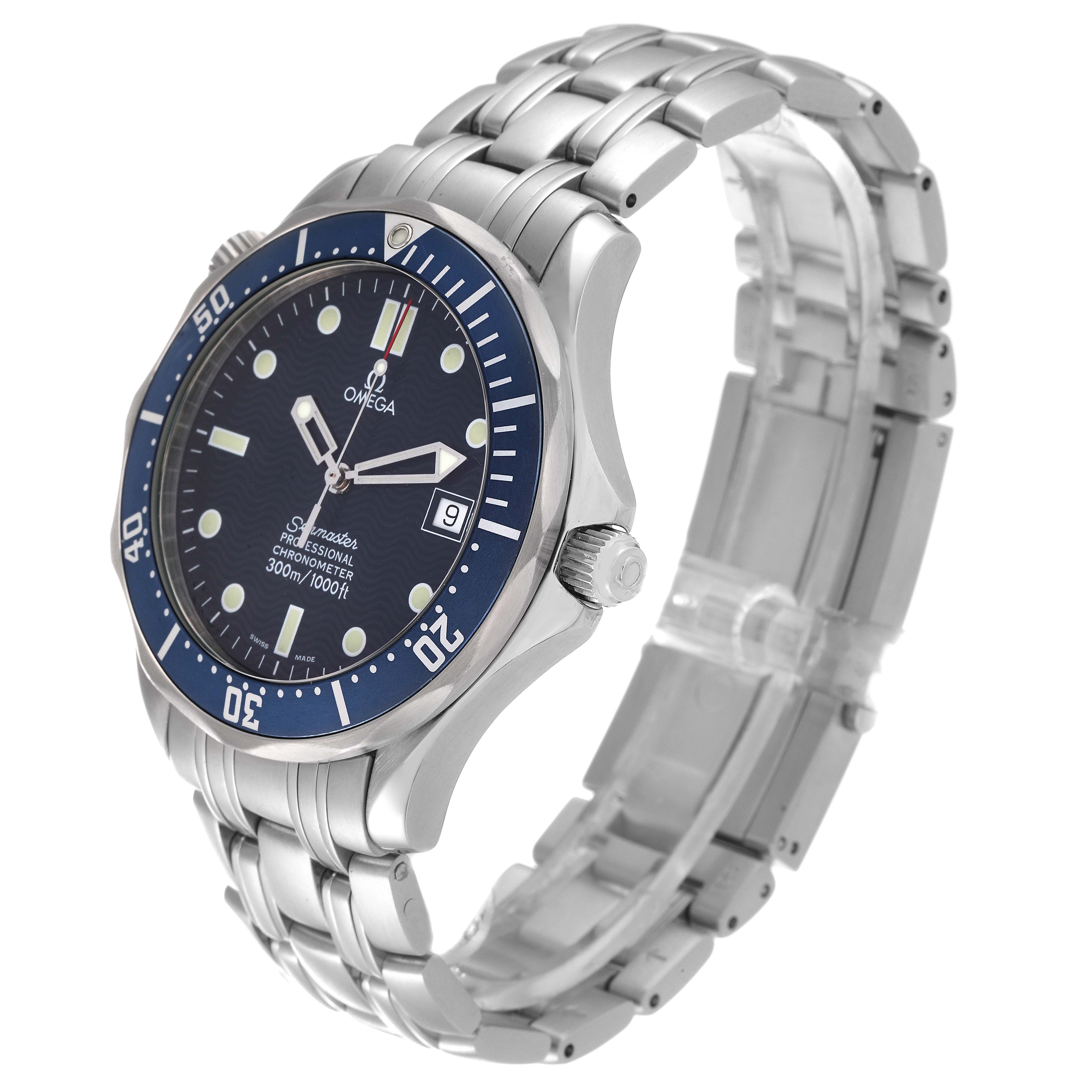 The image shows an Omega Seamaster 2531.80.00 Men's Stainless Steel Blue Dial 2531.80.00 Men's Stainless Steel Blue Dial watch, angled to display the front face, bezel, crown, and metal bracelet.