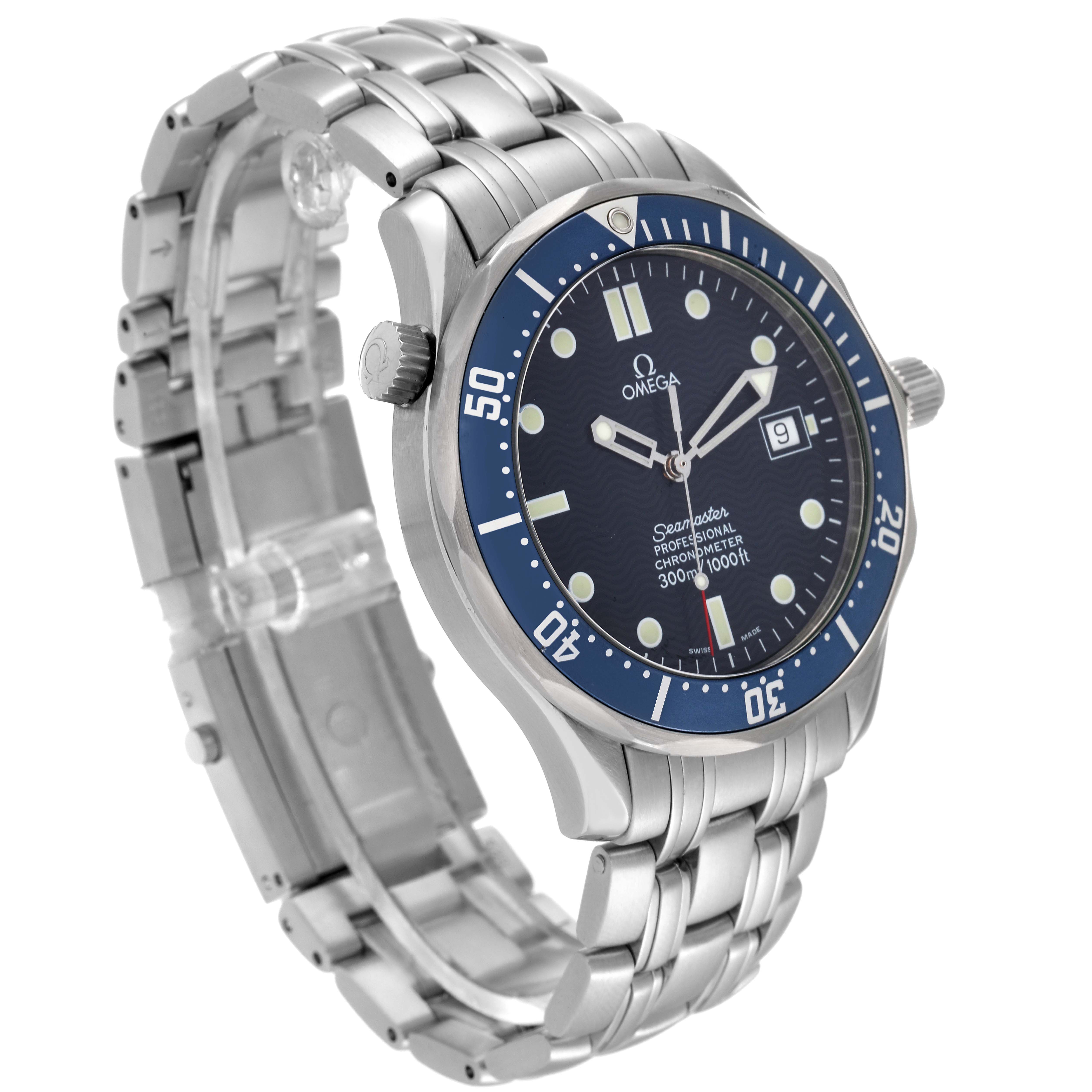 The image shows a side angle view of the Omega Seamaster 2531.80.00 Men's Stainless Steel Blue Dial 2531.80.00 Men's Stainless Steel Blue Dial watch, highlighting the face, bezel, and stainless steel bracelet.