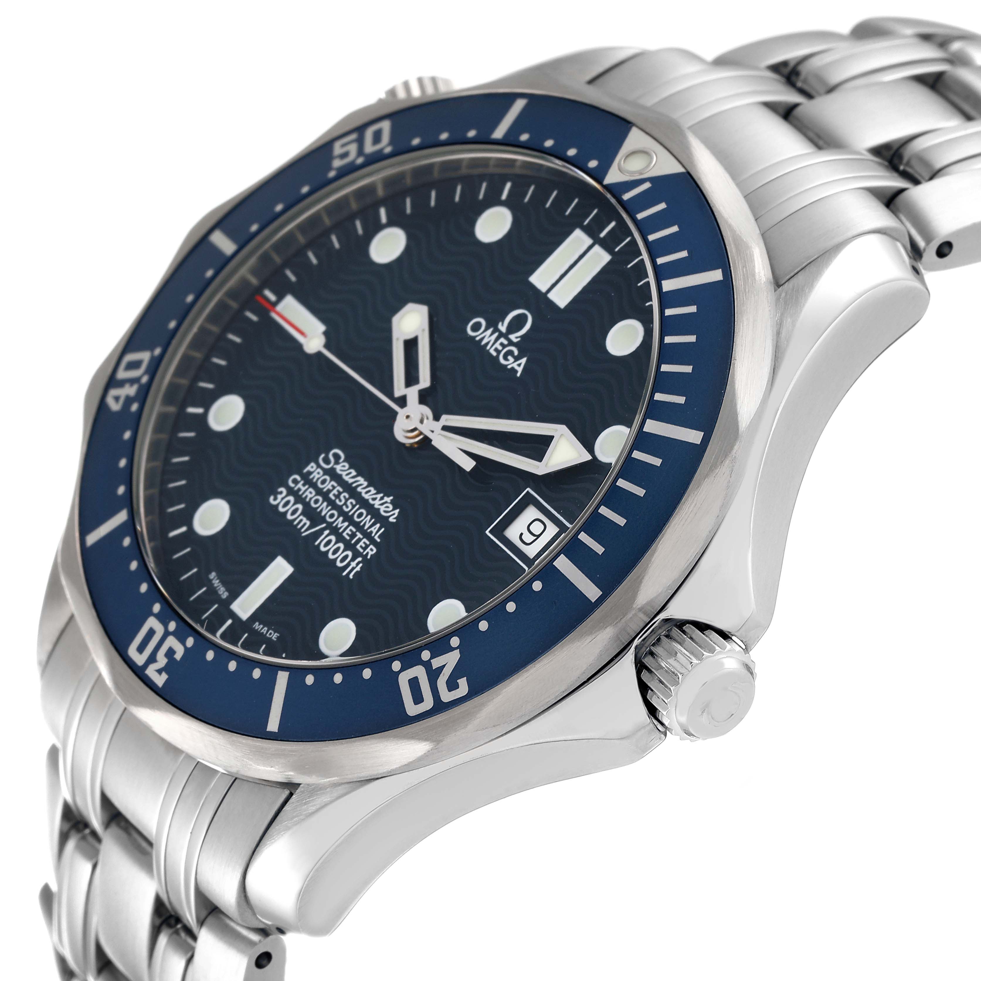 The image shows a close-up angle of the Omega Seamaster 2531.80.00 Men's Stainless Steel Blue Dial 2531.80.00 Men's Stainless Steel Blue Dial watch, highlighting the dial, bezel, crown, and part of the bracelet.