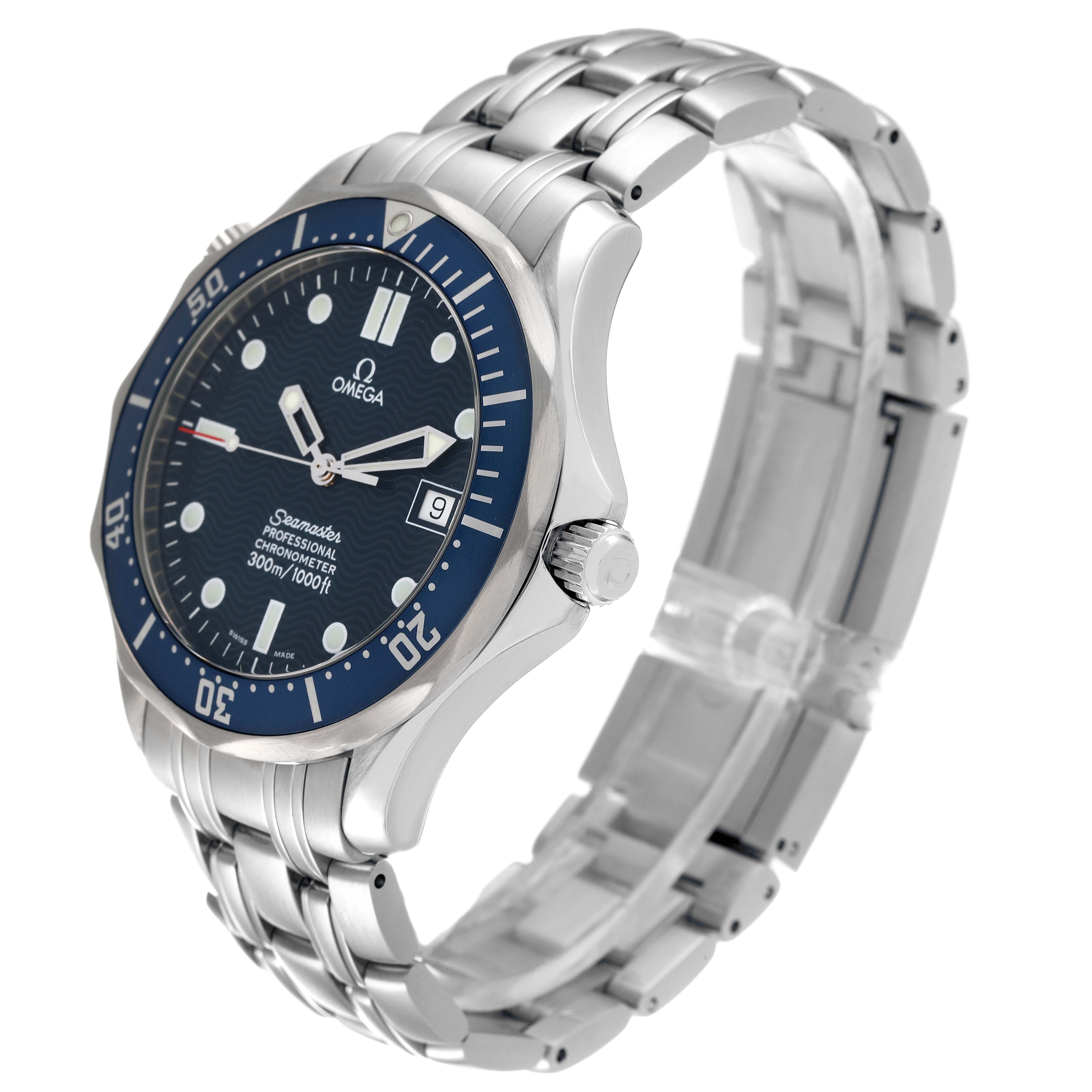 The Omega Seamaster 2531.80.00 Men's Stainless Steel Blue Dial 2531.80.00 Men's Stainless Steel Blue Dial watch is shown at an angled side view, highlighting the face, bezel, crown, and metal bracelet.