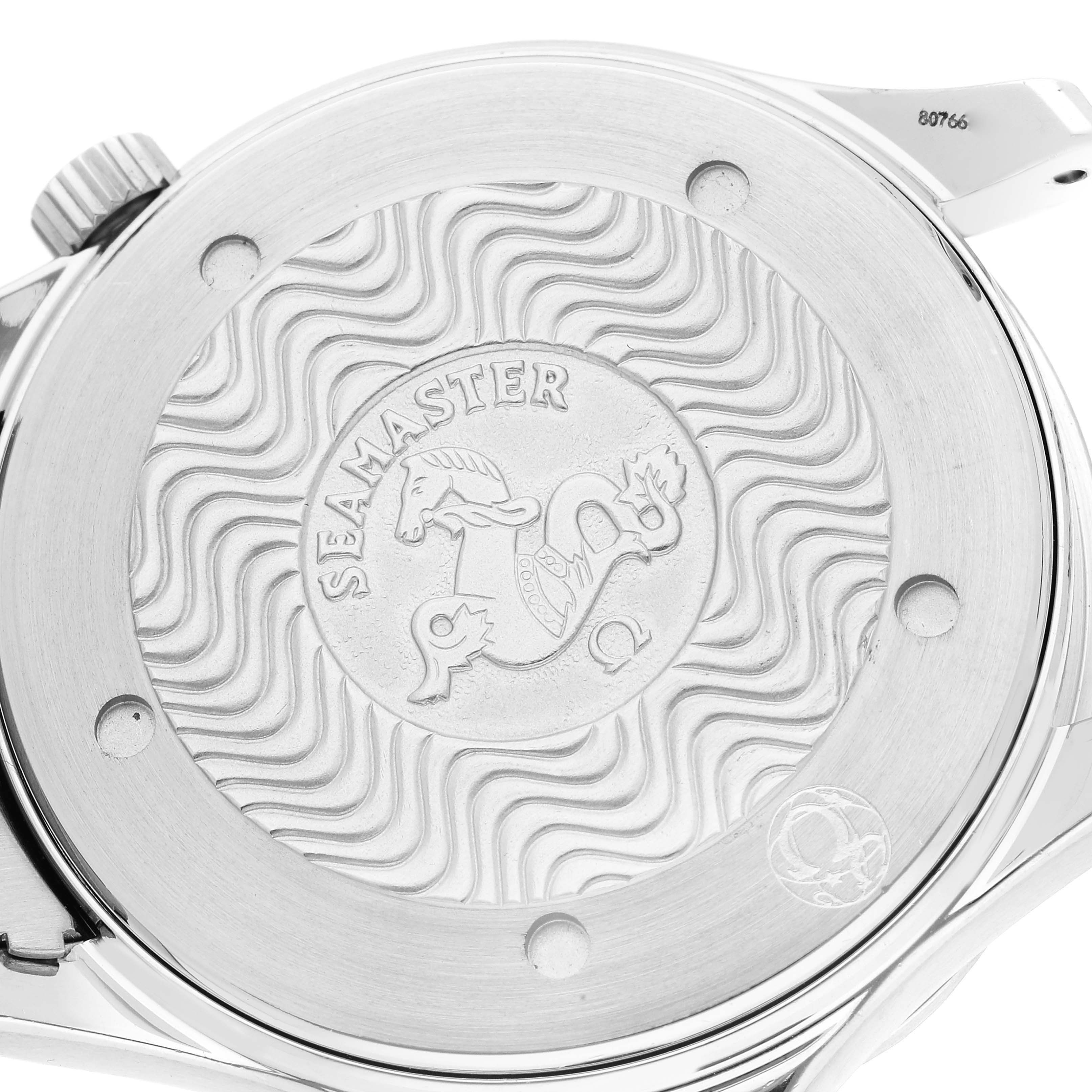 This image shows the back case of an Omega Seamaster 2531.80.00 Men's Stainless Steel Blue Dial 2531.80.00 Men's Stainless Steel Blue Dial watch, featuring the engraved brand emblem and wave pattern design.