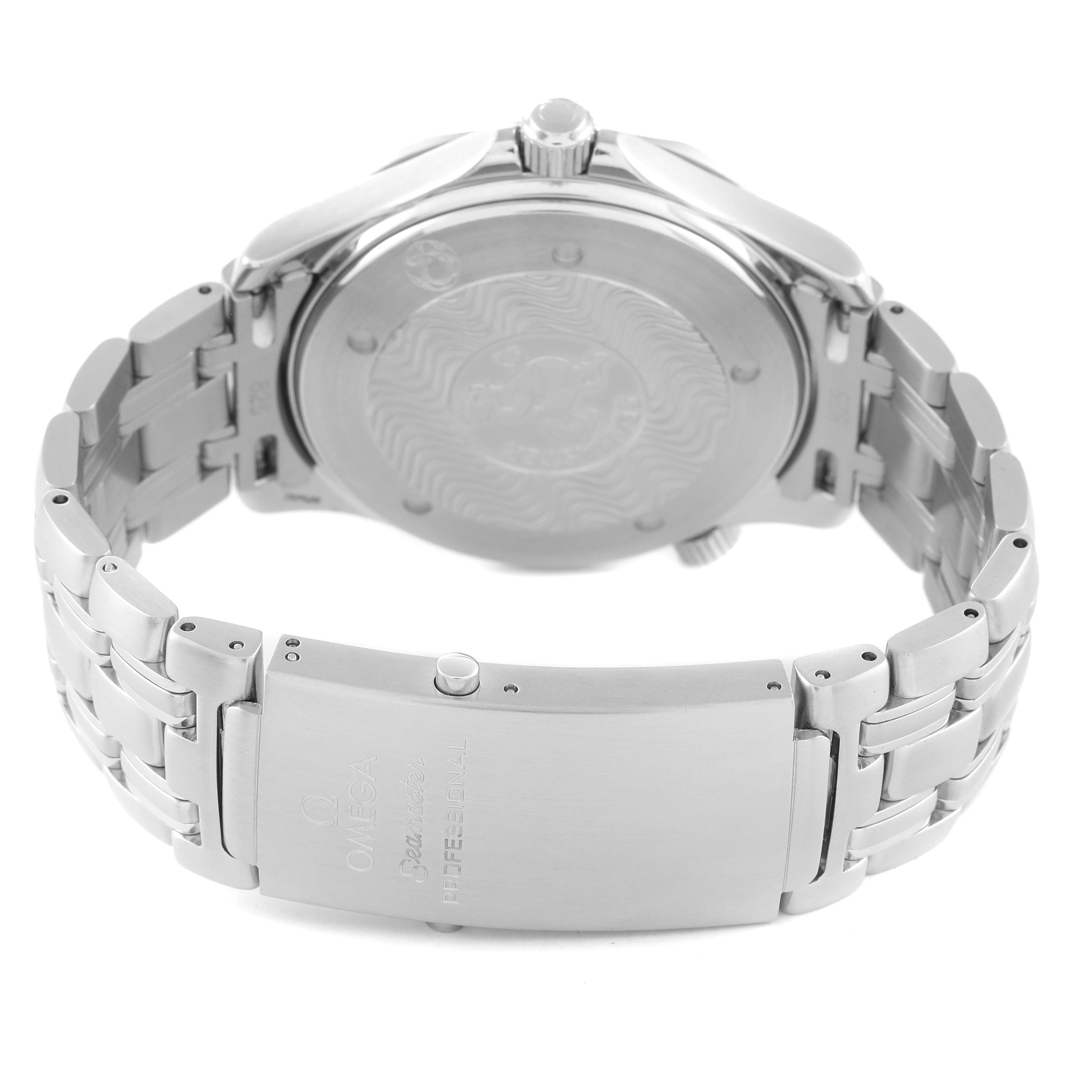 This image shows the case back and bracelet clasp of an Omega Seamaster 2531.80.00 Men's Stainless Steel Blue Dial 2531.80.00 Men's Stainless Steel Blue Dial watch from a rear angle.