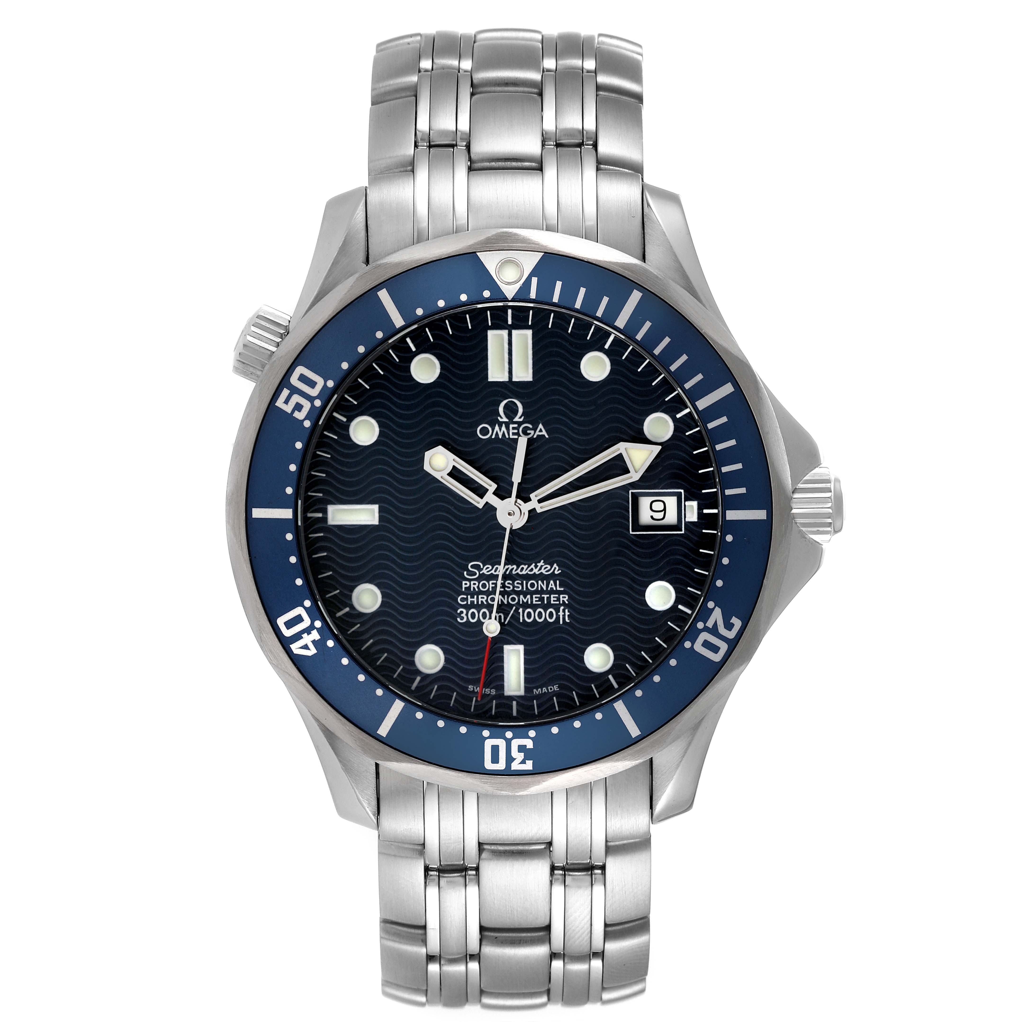 The image shows a front view of the Omega Seamaster 2531.80.00 Men's Stainless Steel Blue Dial 2531.80.00 Men's Stainless Steel Blue Dial watch, displaying its face, bezel, crown, and bracelet.