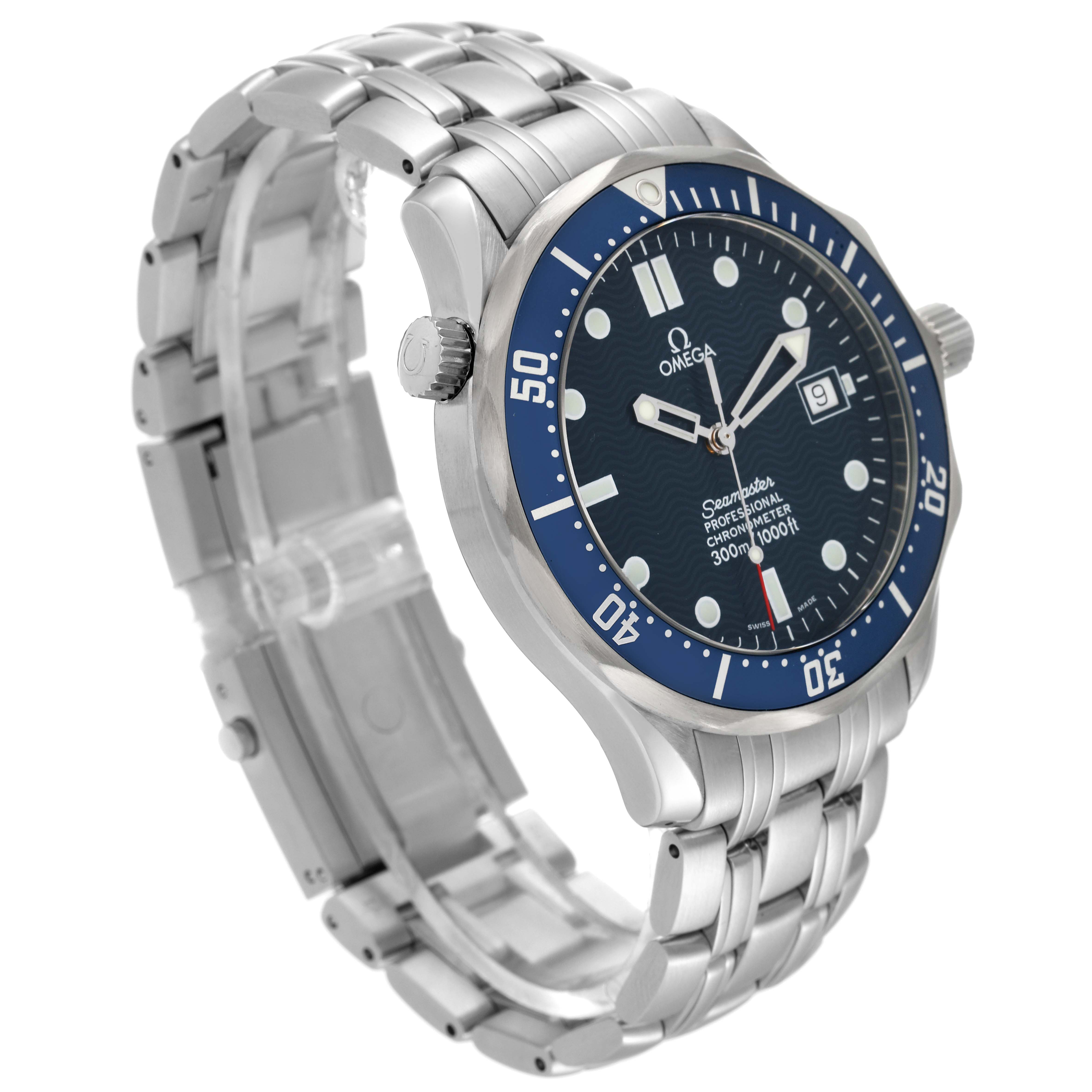 The image shows an angled side view of an Omega Seamaster 2531.80.00 Men's Stainless Steel Blue Dial 2531.80.00 Men's Stainless Steel Blue Dial watch, featuring a blue dial, bezel, and stainless steel bracelet.