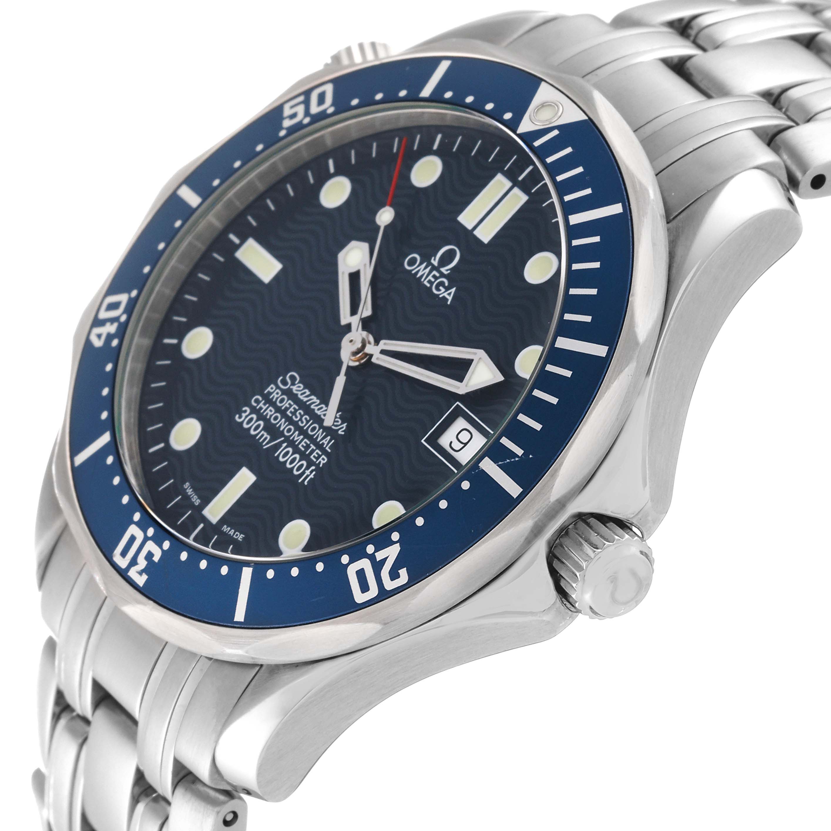 The image shows a side view of an Omega Seamaster 2531.80.00 Men
s Stainless Steel Blue Dial 2531.80.00 Men
s Stainless Steel Blue Dial watch highlighting the dial, bezel, crown, and stainless steel bracelet.