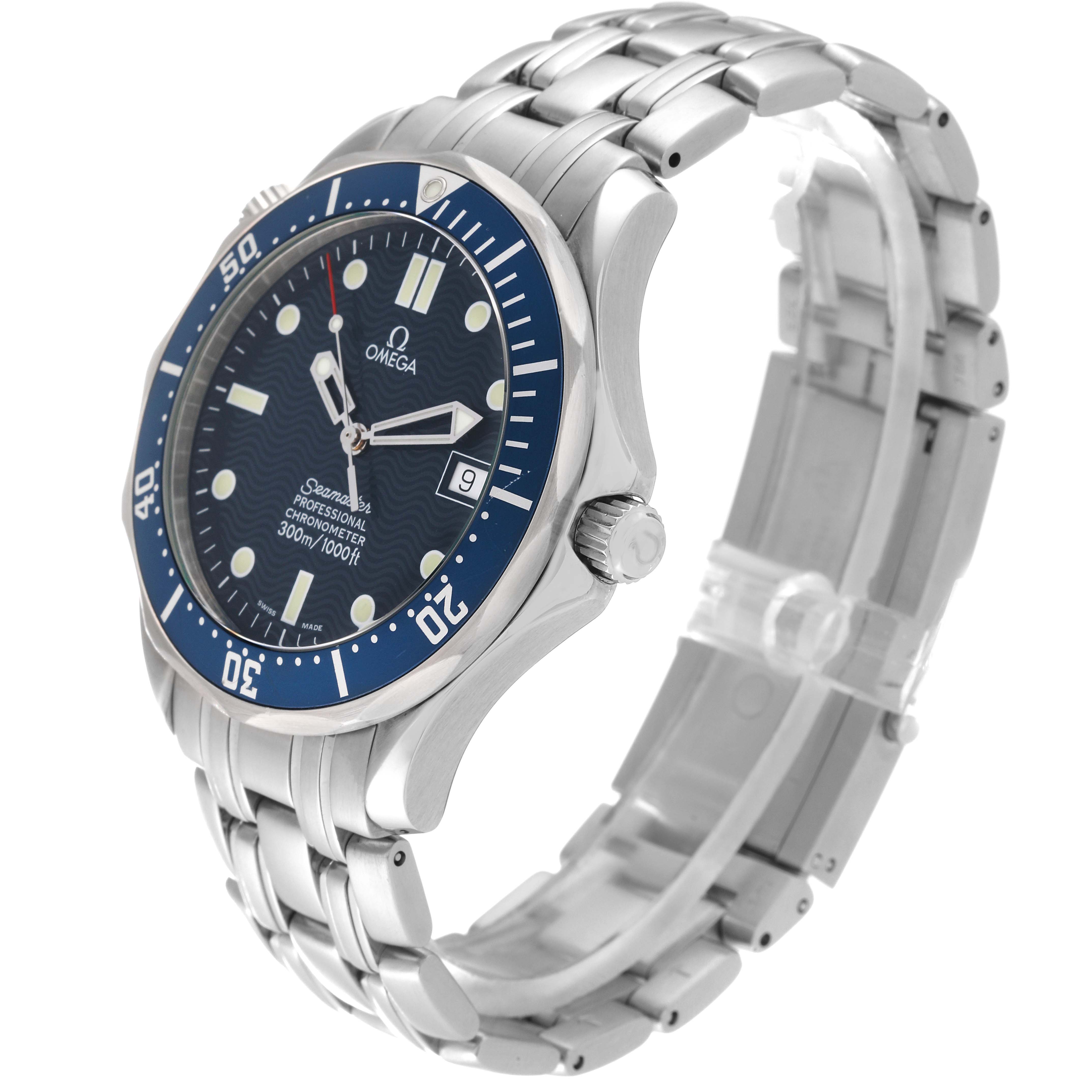 The Omega Seamaster 2531.80.00 Men
s Stainless Steel Blue Dial 2531.80.00 Men
s Stainless Steel Blue Dial watch is shown from an angled side view, displaying the face, bezel, crown, and stainless steel bracelet.