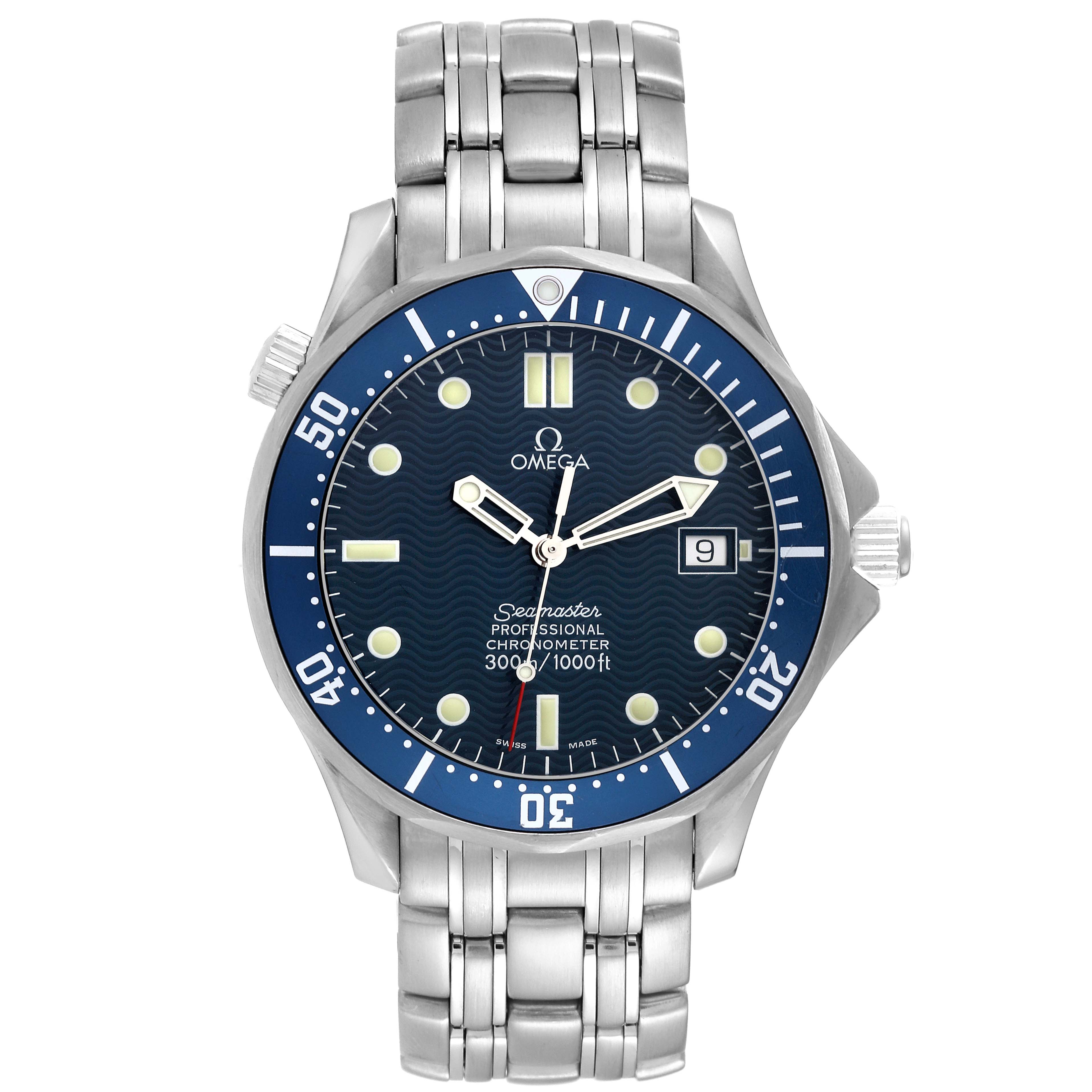 The image shows a front view of the Omega Seamaster 2531.80.00 Men
s Stainless Steel Blue Dial 2531.80.00 Men
s Stainless Steel Blue Dial watch, displaying the dial, bezel, case, and bracelet.
