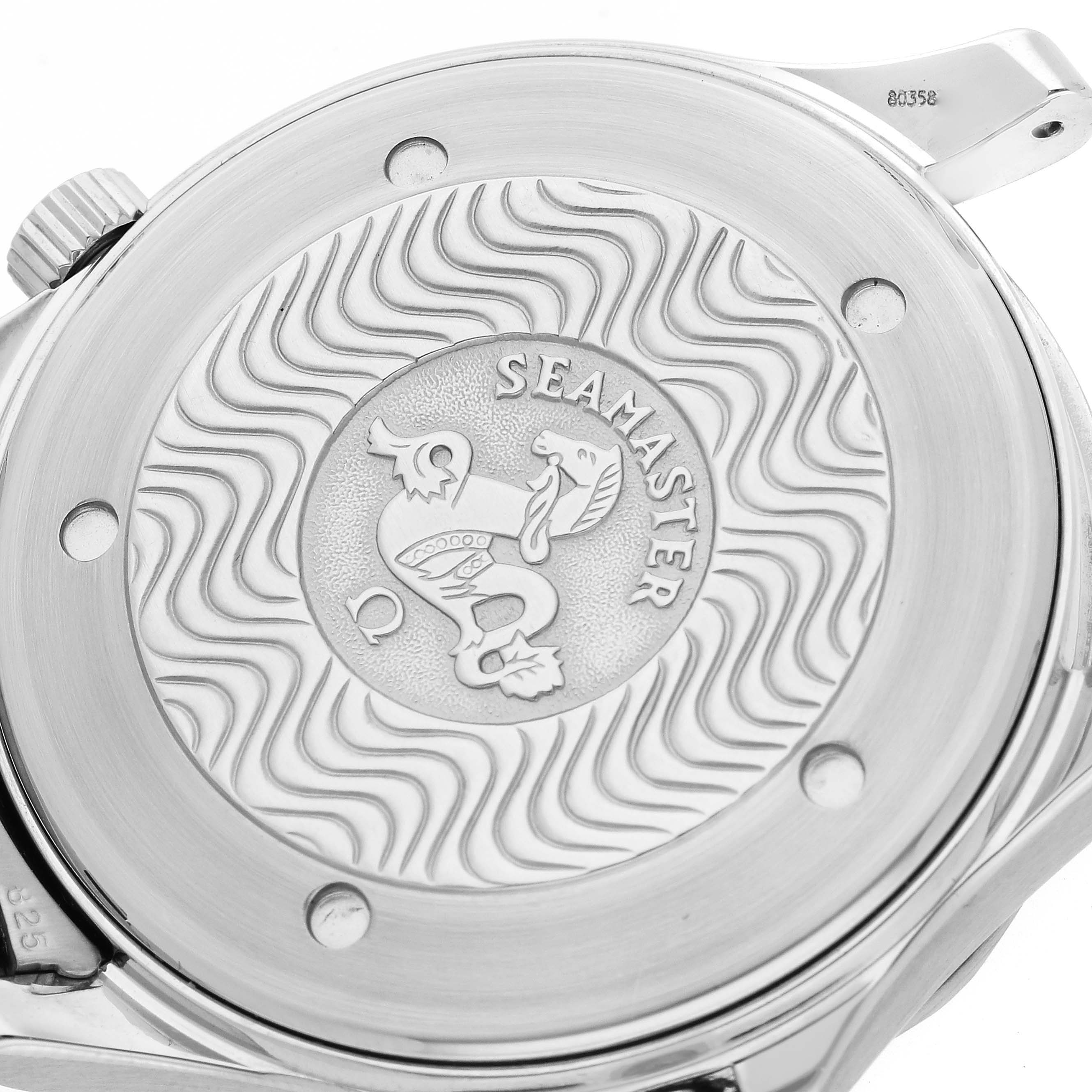 The image displays the back case of an Omega Seamaster 2531.80.00 Men
s Stainless Steel Blue Dial 2531.80.00 Men
s Stainless Steel Blue Dial watch, showcasing its distinct wave pattern and engraved logo.