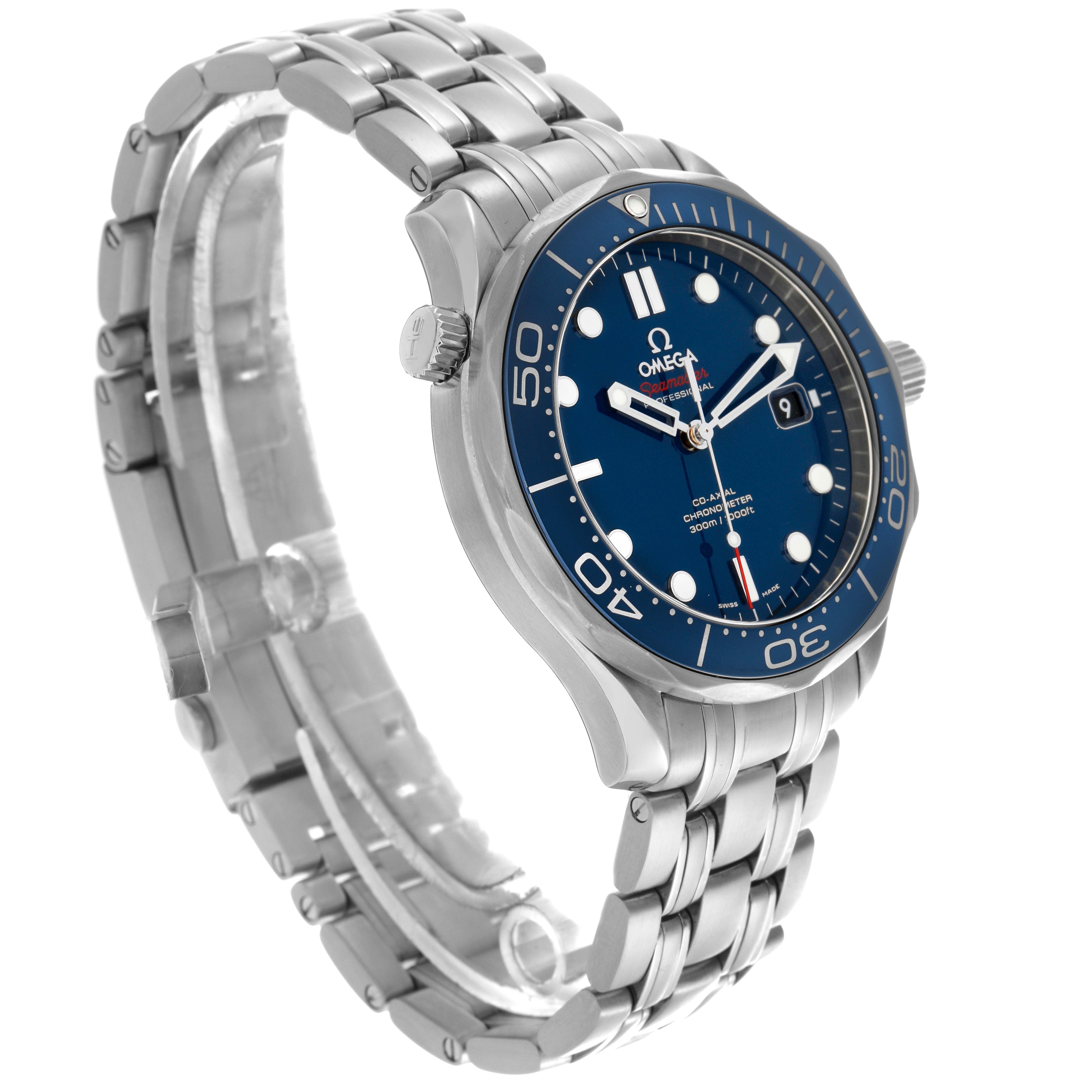 The Omega Seamaster 212.30.41.20.03.001 Men
s Stainless Steel Blue Dial 212.30.41.20.03.001 Men
s Stainless Steel Blue Dial watch is shown at a three-quarter angle, revealing the face, bezel, crown, and bracelet.